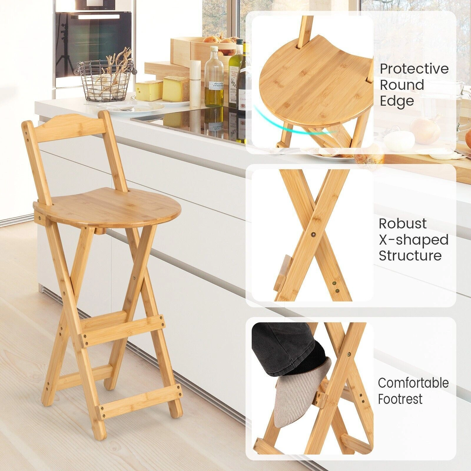 Bamboo Folding Bar Stool with Backrest, Wooden Counter Height Kitchen Stool, Space-Saving Stackable Bar Chairs