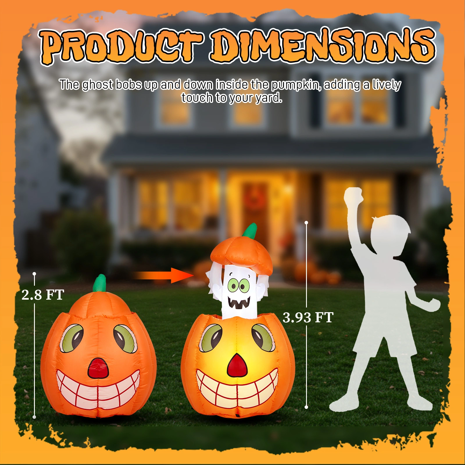 2.8 FT Halloween Inflatables Animated Pumpkin Ghost with Built-in LEDs, Outdoor Yard Decor for Garden Lawn Party view 9