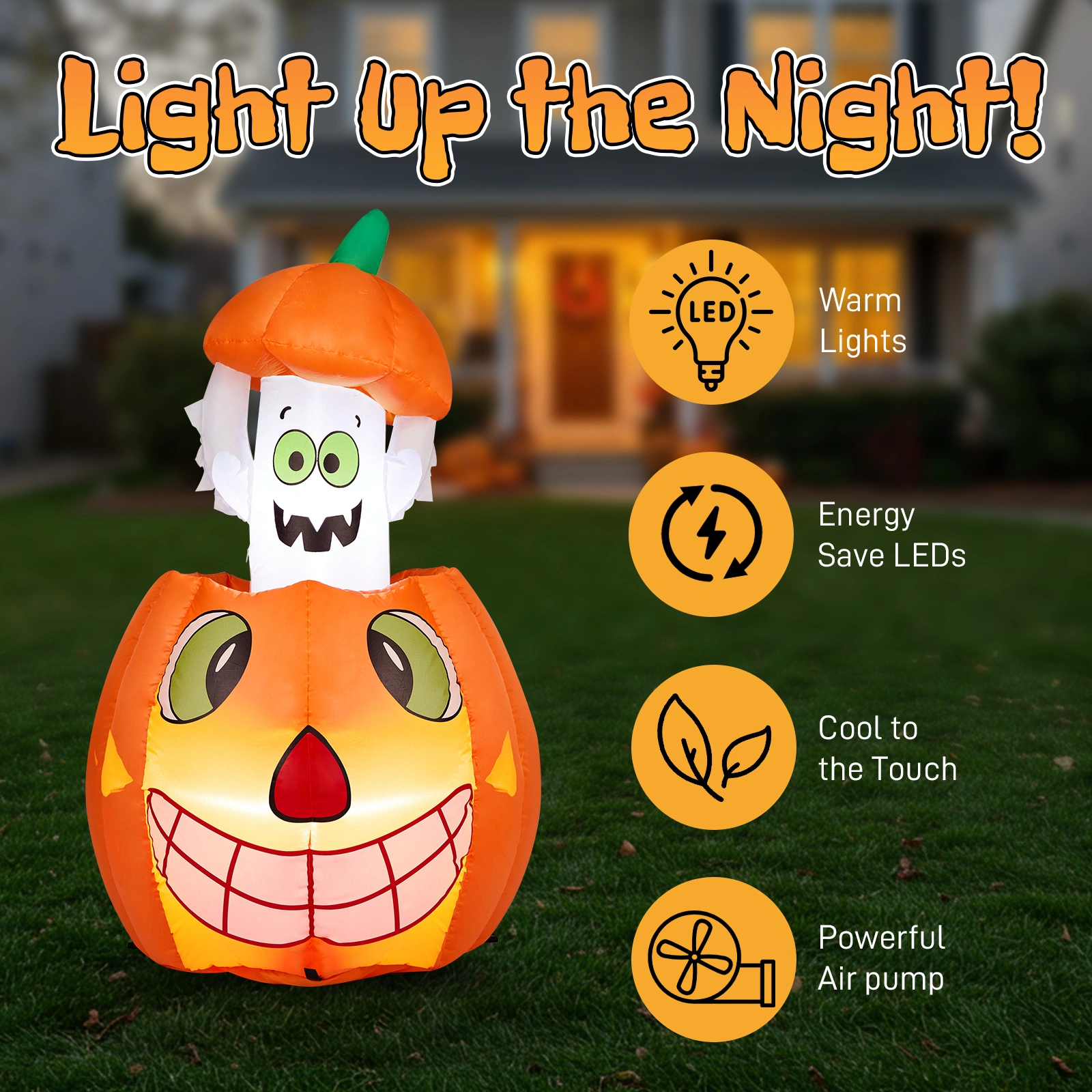 2.8 FT Halloween Inflatables Animated Pumpkin Ghost with Built-in LEDs, Outdoor Yard Decor for Garden Lawn Party view 11