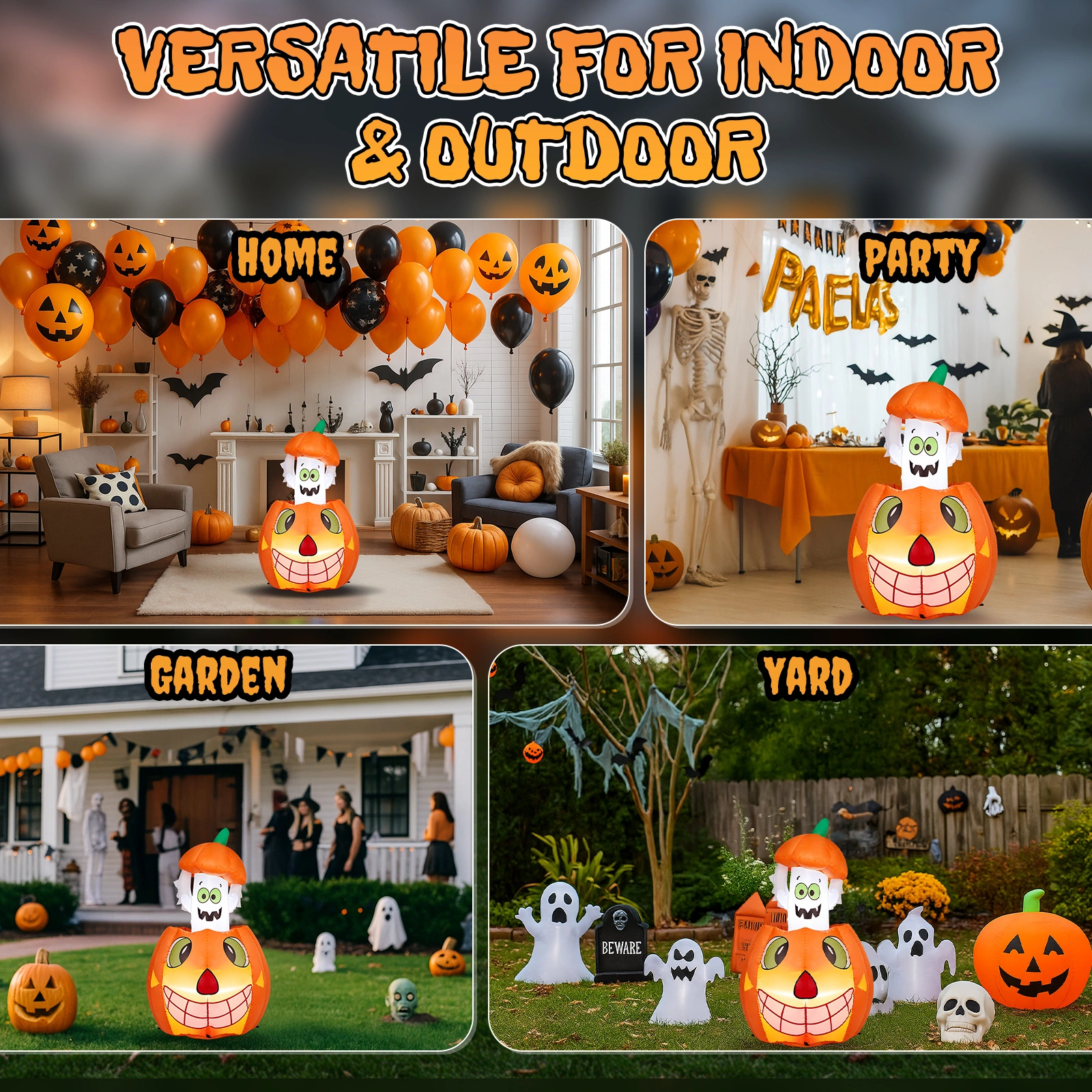 2.8 FT Halloween Inflatables Animated Pumpkin Ghost with Built-in LEDs, Outdoor Yard Decor for Garden Lawn Party view 14