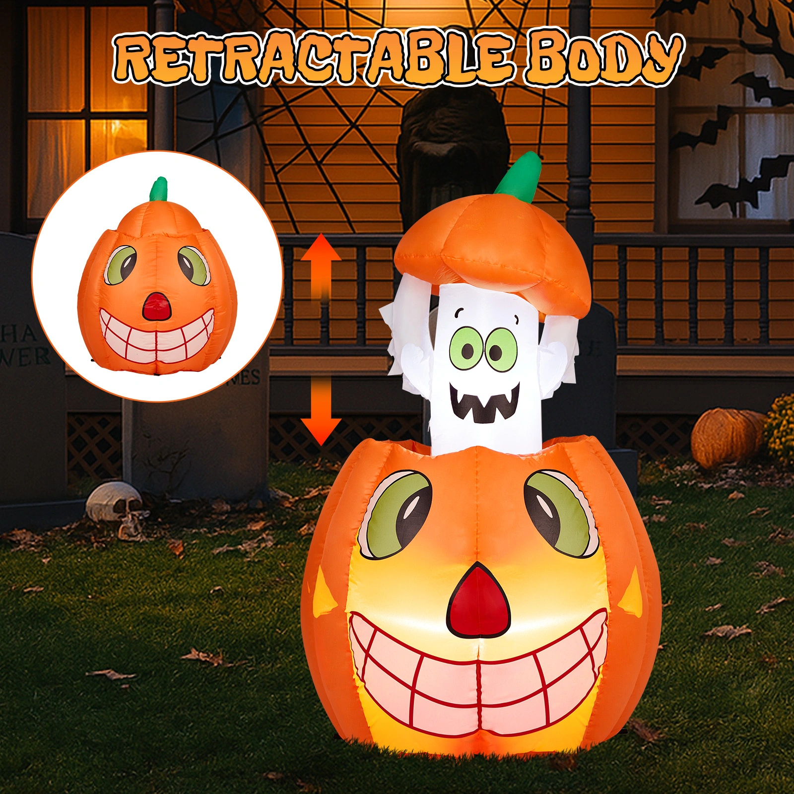 2.8 FT Halloween Inflatables Animated Pumpkin Ghost with Built-in LEDs, Outdoor Yard Decor for Garden Lawn Party view 15
