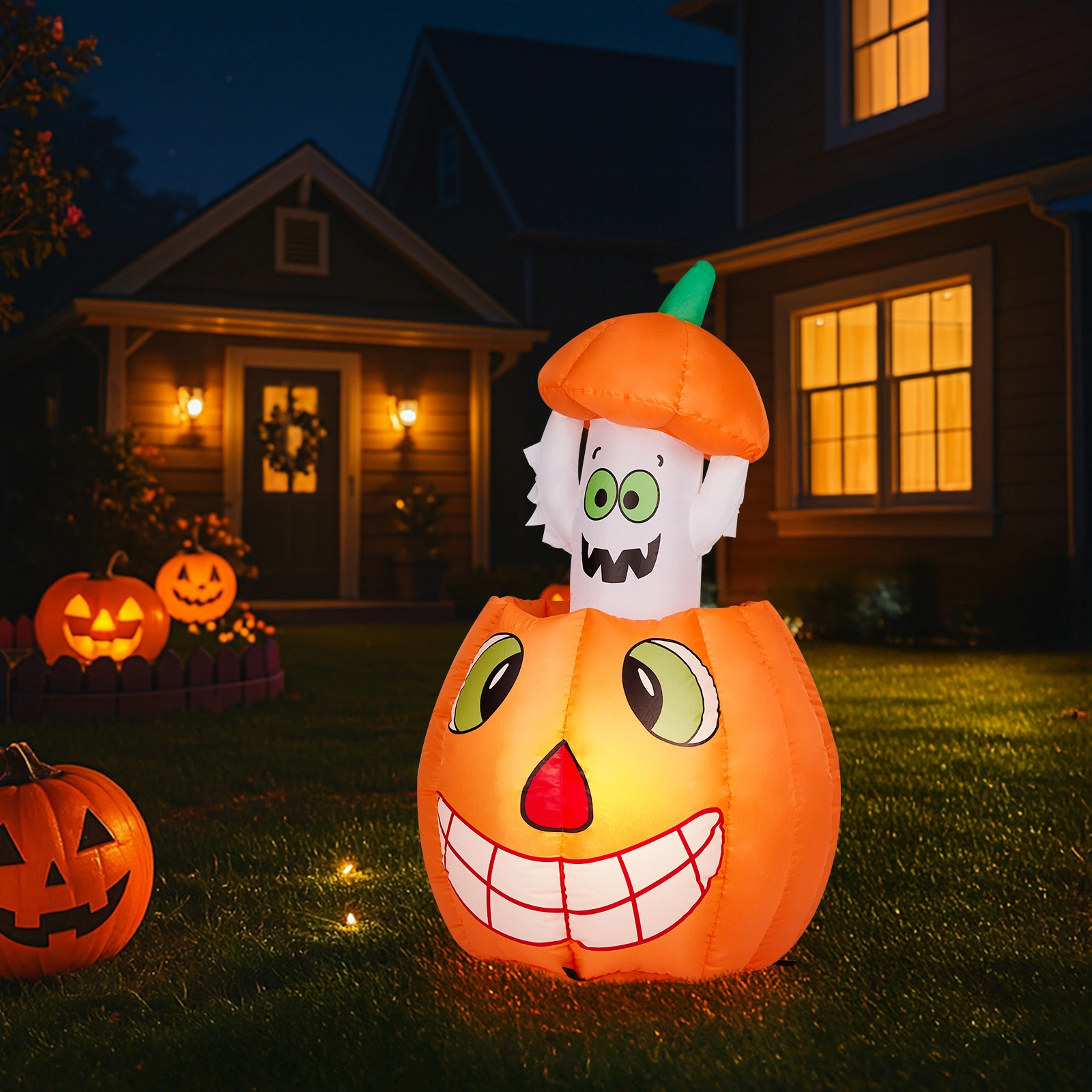 2.8 FT Halloween Inflatables Animated Pumpkin Ghost with Built-in LEDs, Outdoor Yard Decor for Garden Lawn Party view 7
