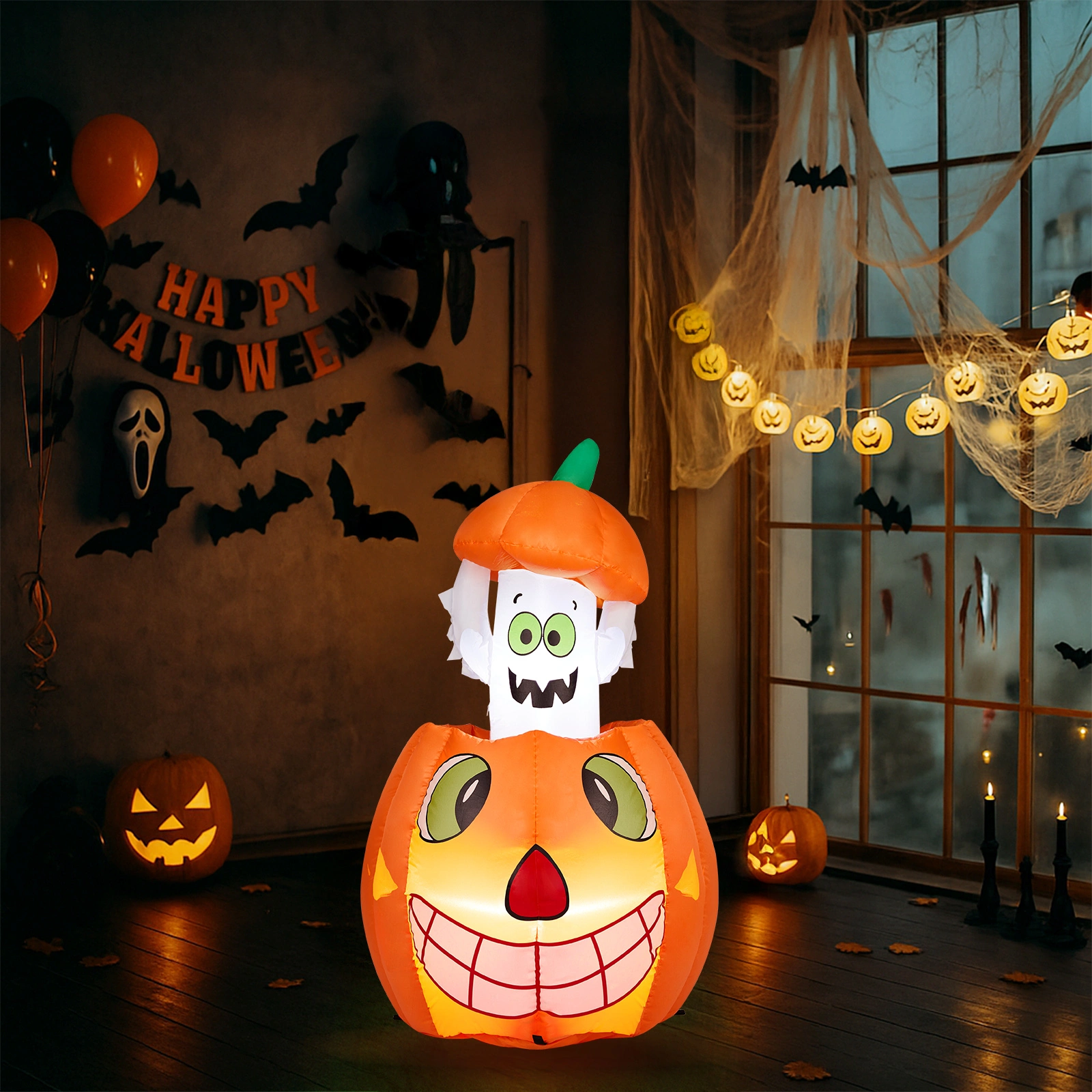 2.8 FT Halloween Inflatables Animated Pumpkin Ghost with Built-in LEDs, Outdoor Yard Decor for Garden Lawn Party view 8