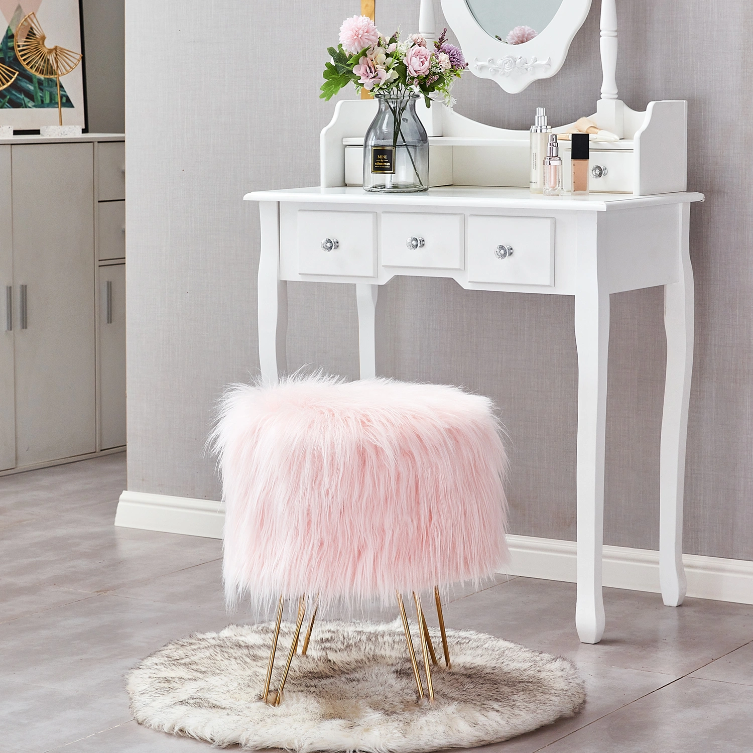 Pink Faux Fur Vanity Stool Ottoman with Golden Metal Legs, Fluffy Dressing Table Stool for Bedroom Living Room Decor view 3