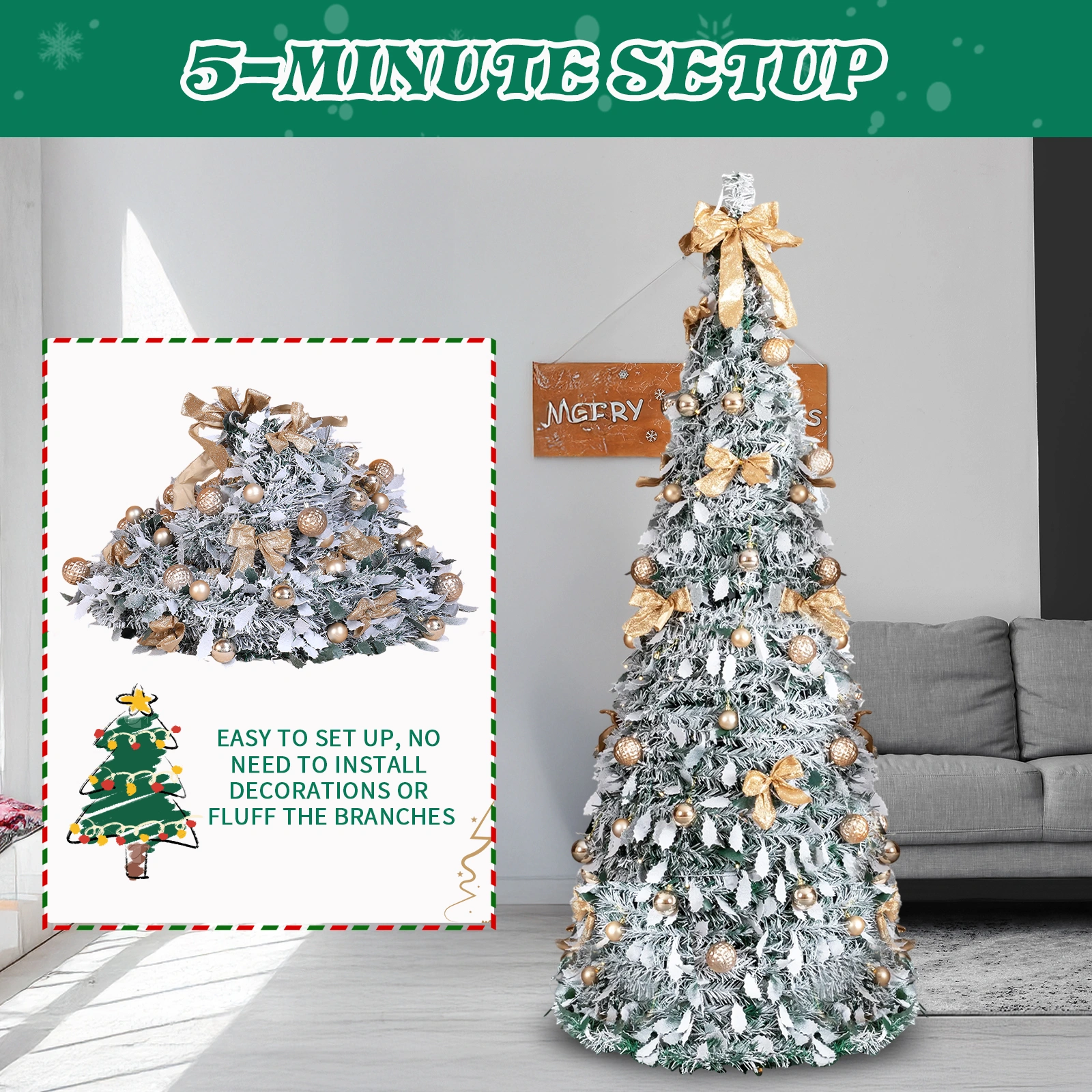 6FT Snow Flocked Pre-Lit Pop Up Artificial Christmas Tree, 100 Warm White Lights & Golden Ornaments, Snowy Green Holiday Decoration for Home Office Store view 2