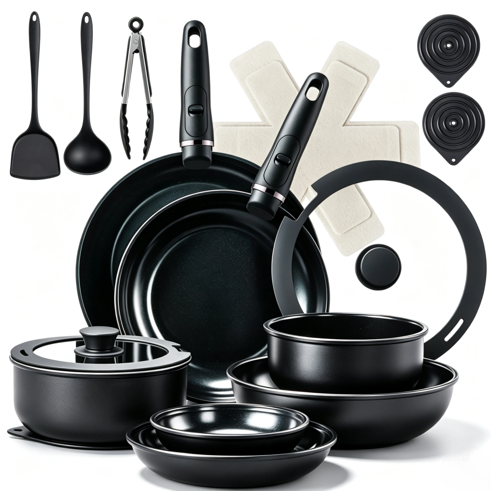 23-piece aluminum cookware set 7 pots, 2 lids, detachable handles