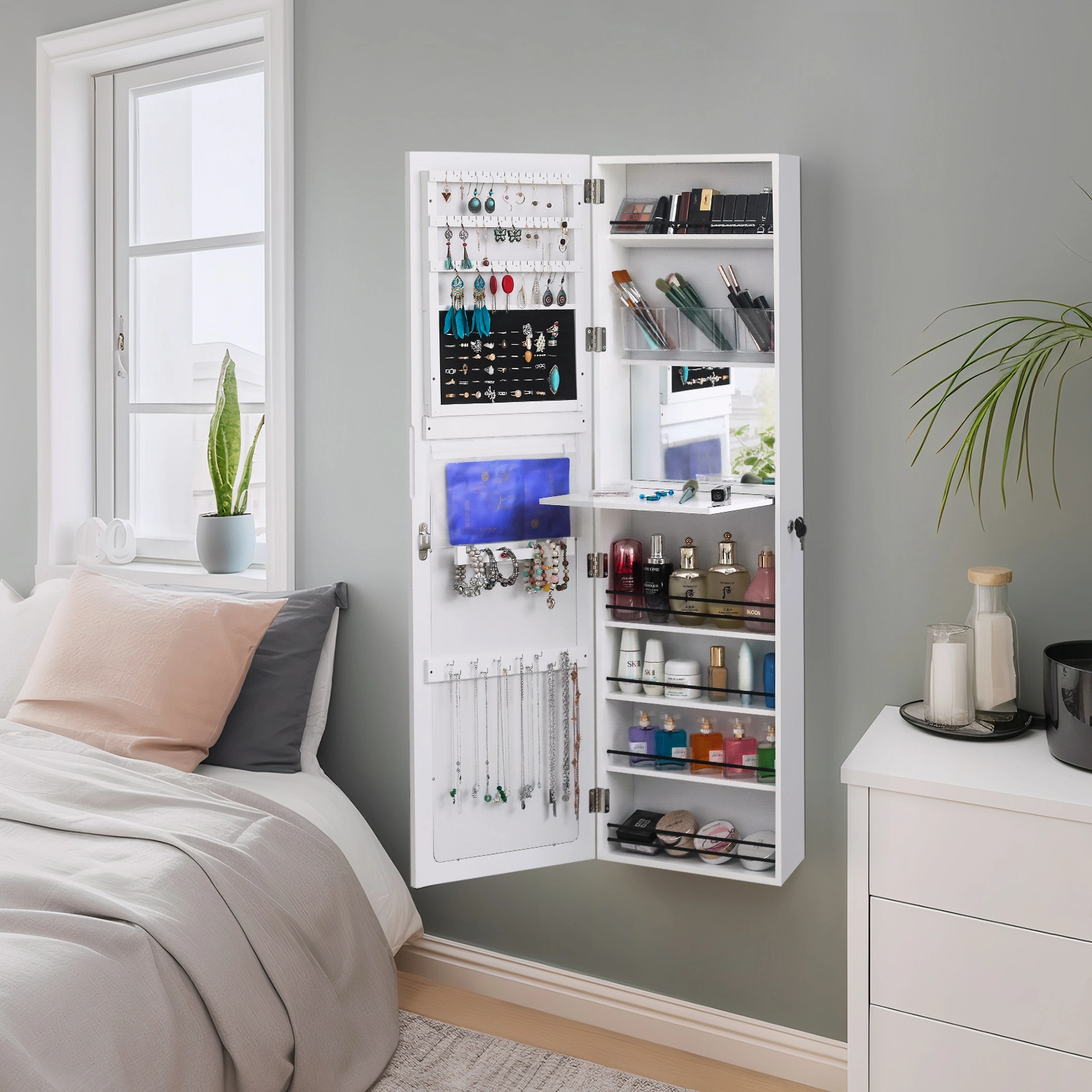 White Retro Wood Full Length Mirror with Storage Cabinet, Jewelry & Accessory Organizer