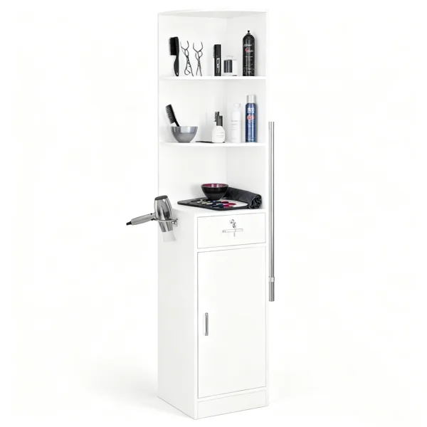 3-Tier Corner Salon Cabinet with 1 Door & 1 Drawer, 15mm E0 Grade Particleboard Matt White, 75.2" H Multipurpose Storage Cabinet for Beauty Salon Spa Bathroom Bedroom view 3