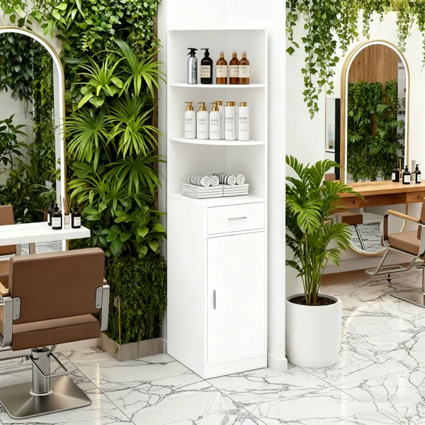3-Tier Corner Salon Cabinet with 1 Door & 1 Drawer, 15mm E0 Grade Particleboard Matt White, 75.2" H Multipurpose Storage Cabinet for Beauty Salon Spa Bathroom Bedroom view 4
