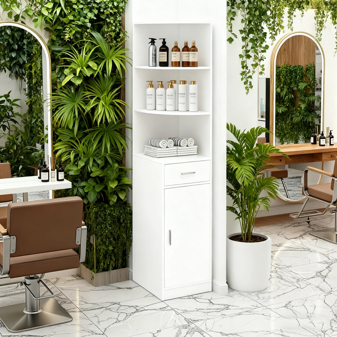 3-Tier Corner Salon Cabinet with 1 Door & 1 Drawer, 15mm E0 Grade Particleboard Matt White, 75.2" H Multipurpose Storage Cabinet for Beauty Salon Spa Bathroom Bedroom view 4