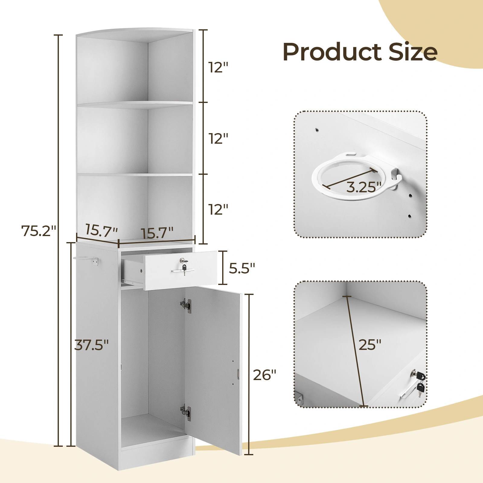 3-Tier Corner Salon Cabinet with 1 Door & 1 Drawer, 15mm E0 Grade Particleboard Matt White, 75.2" H Multipurpose Storage Cabinet for Beauty Salon Spa Bathroom Bedroom view 5