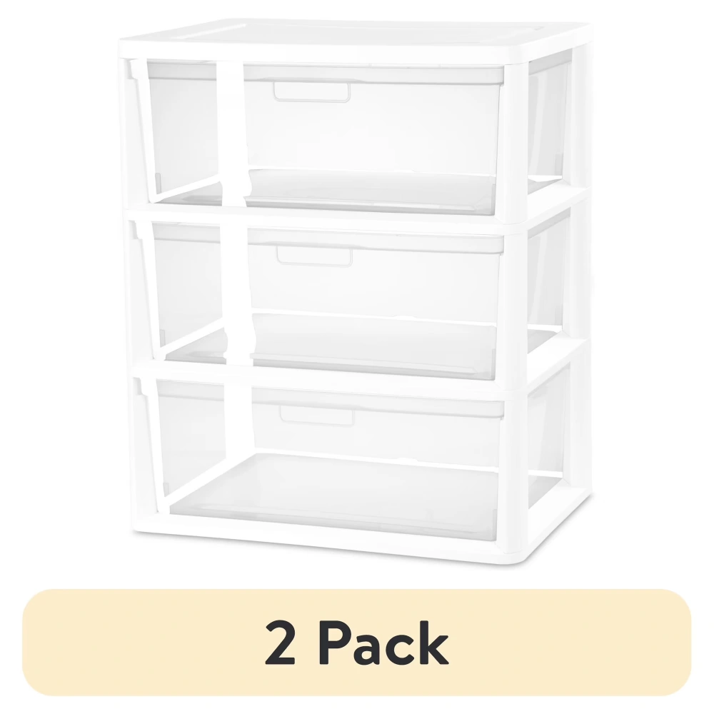 (2 pack) Wide 3 Drawer Tower, Plastic Storage Organizer with Removable Clear Bins, Easy to Assemble - No Tools Needed, White