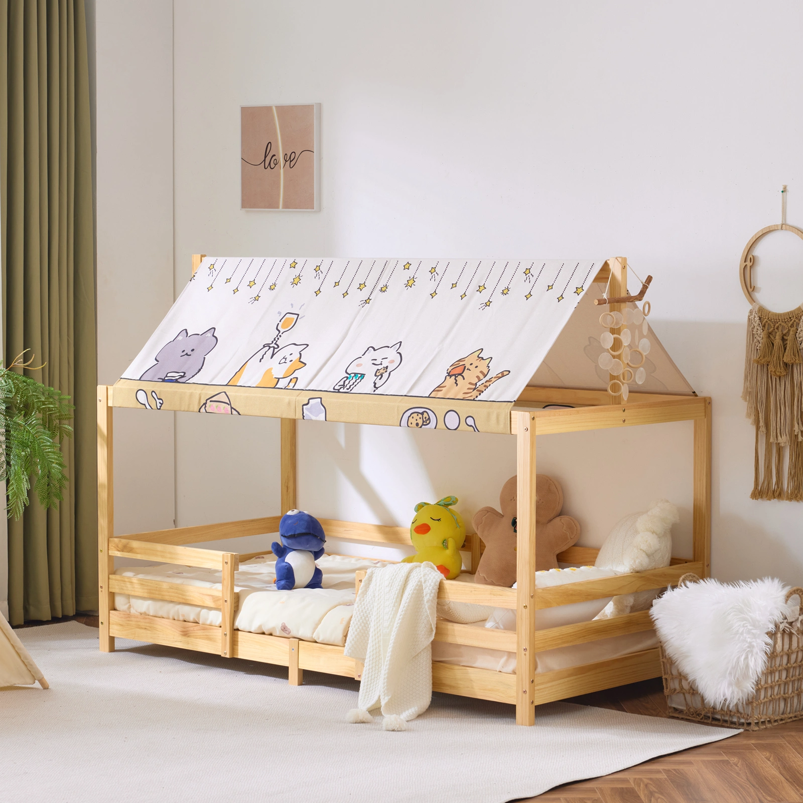White Painted Pine Kids Canopy Bed with Roof Design Children's Bedroom Furniture view 2