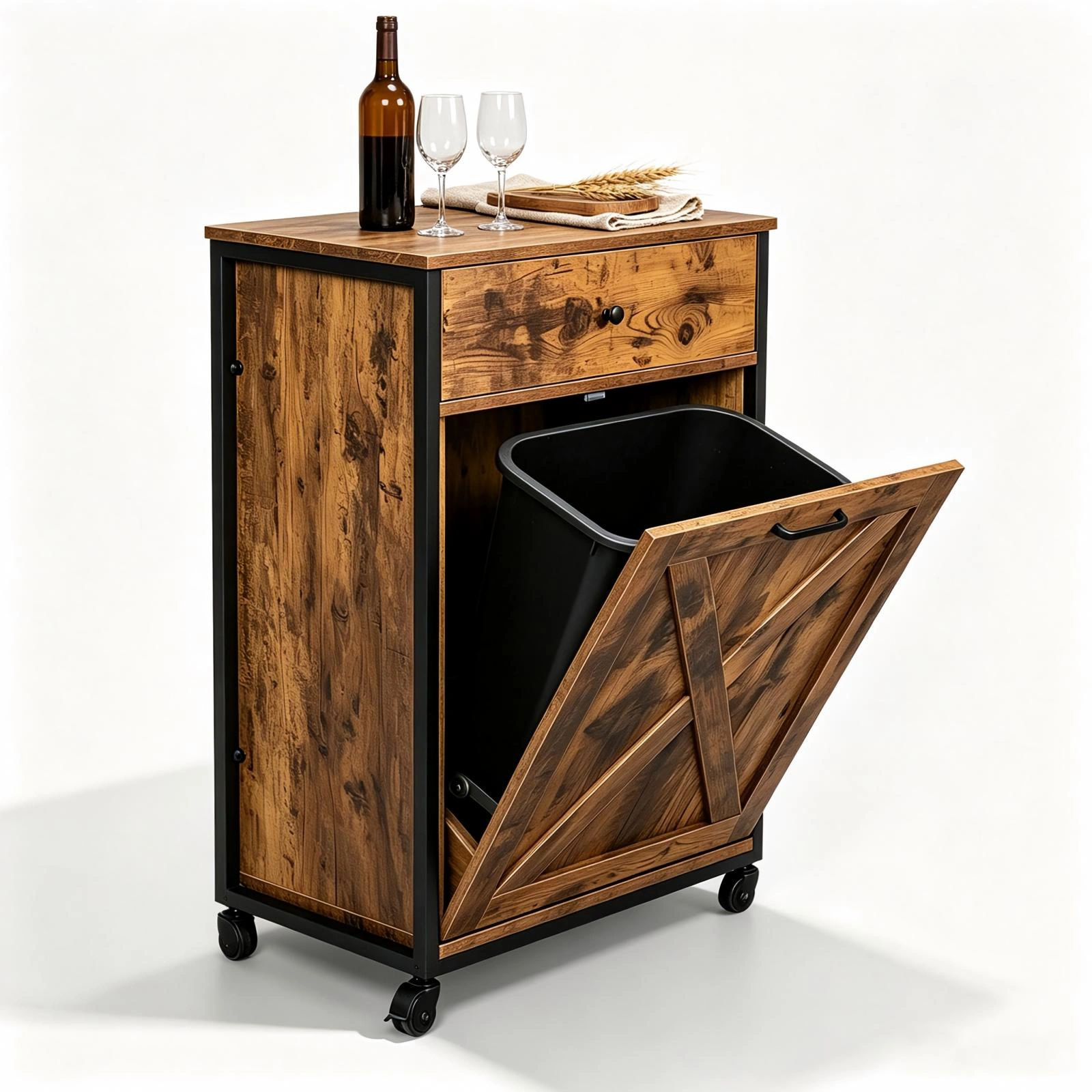 Vintage Trash Can Cabinet with Drawer and Door, MDF Melamine Finish, 22.4 x 13.8 x 35.4 inch Storage Bin Holder view 3