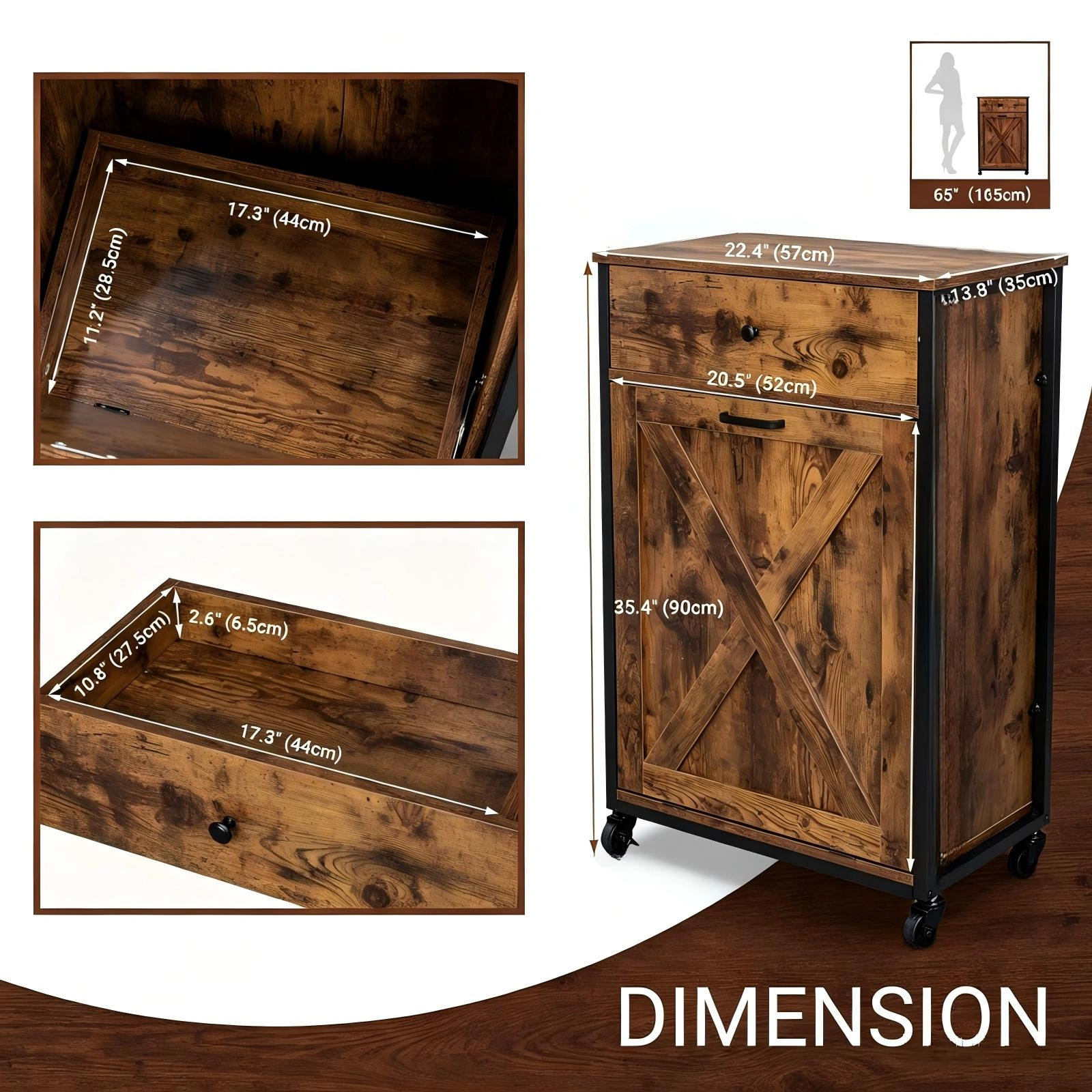 Vintage Trash Can Cabinet with Drawer and Door, MDF Melamine Finish, 22.4 x 13.8 x 35.4 inch Storage Bin Holder view 5