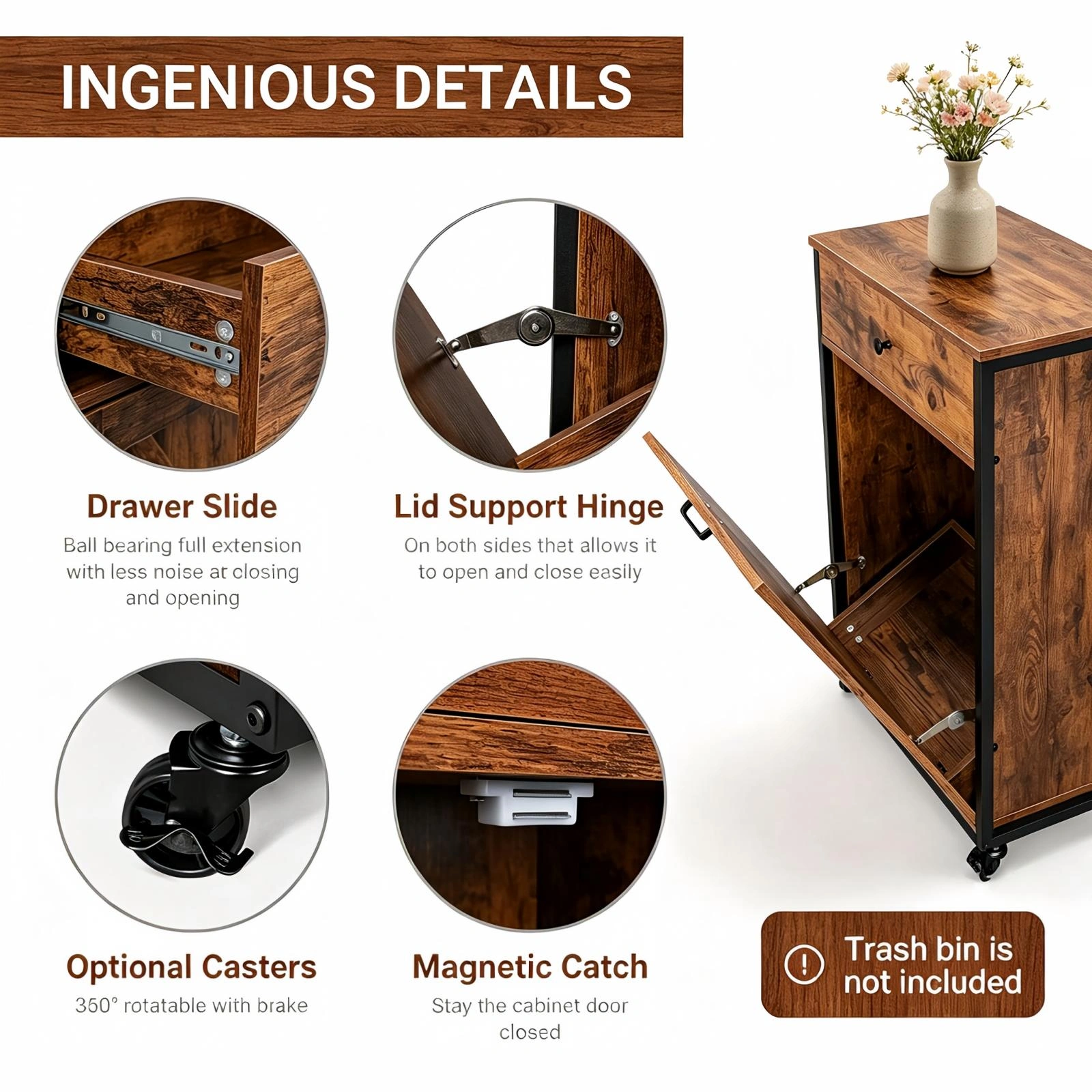 Vintage Trash Can Cabinet with Drawer and Door, MDF Melamine Finish, 22.4 x 13.8 x 35.4 inch Storage Bin Holder view 6