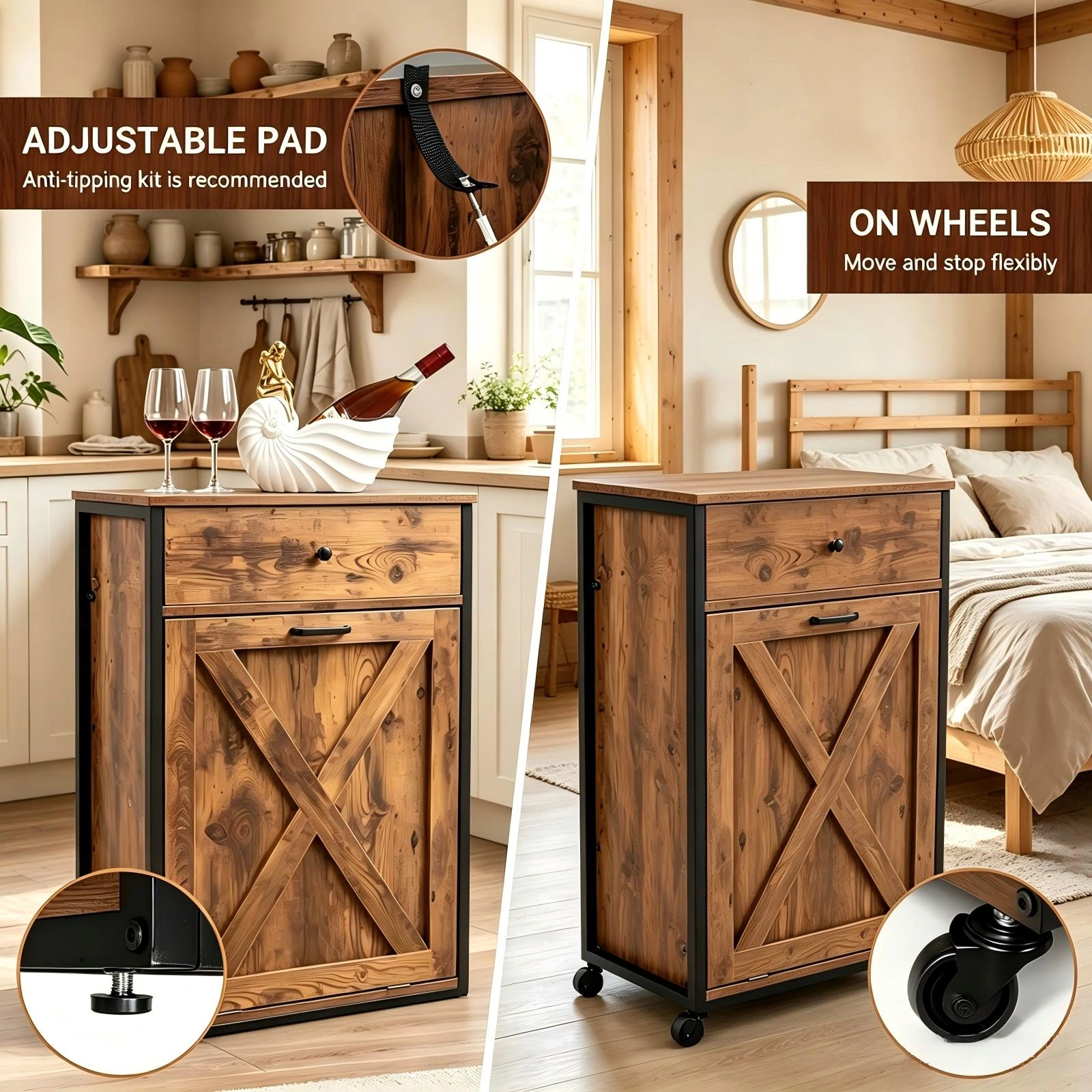 Vintage Trash Can Cabinet with Drawer and Door, MDF Melamine Finish, 22.4 x 13.8 x 35.4 inch Storage Bin Holder view 8