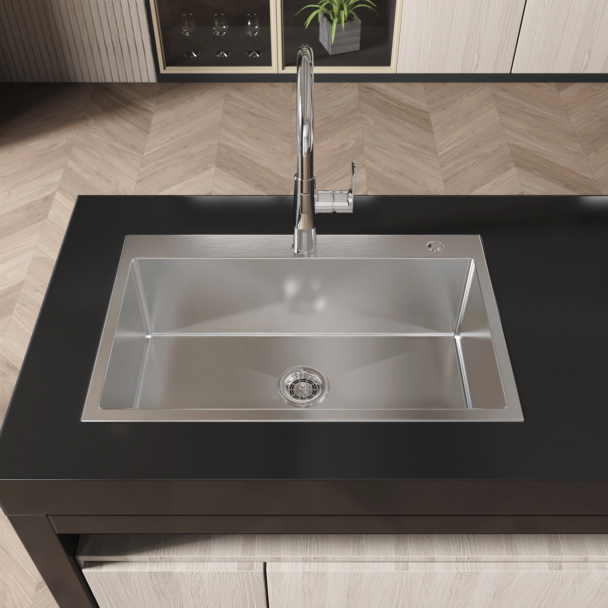 Handmade Stainless Steel Kitchen Sink 30x19 Inch Single Bowl Overmount Dark Gray with US Standard Drain & Mounting Hardware