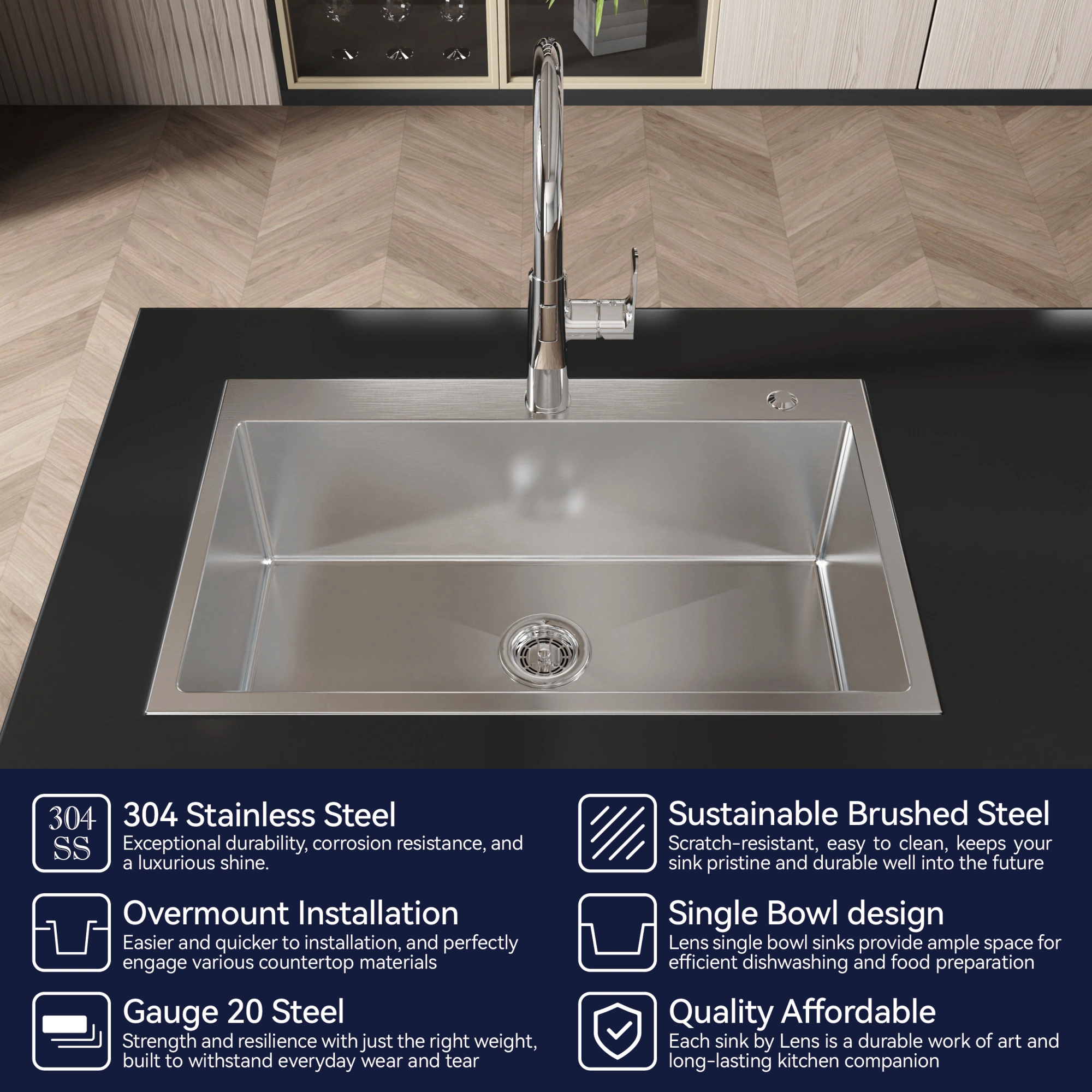 Handmade Stainless Steel Kitchen Sink 30x19 Inch Single Bowl Overmount Dark Gray with US Standard Drain & Mounting Hardware view 10