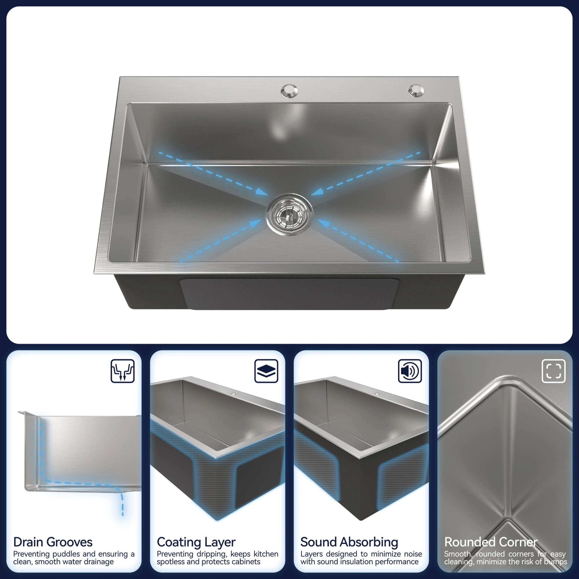 Handmade Stainless Steel Kitchen Sink 30x19 Inch Single Bowl Overmount Dark Gray with US Standard Drain & Mounting Hardware view 2
