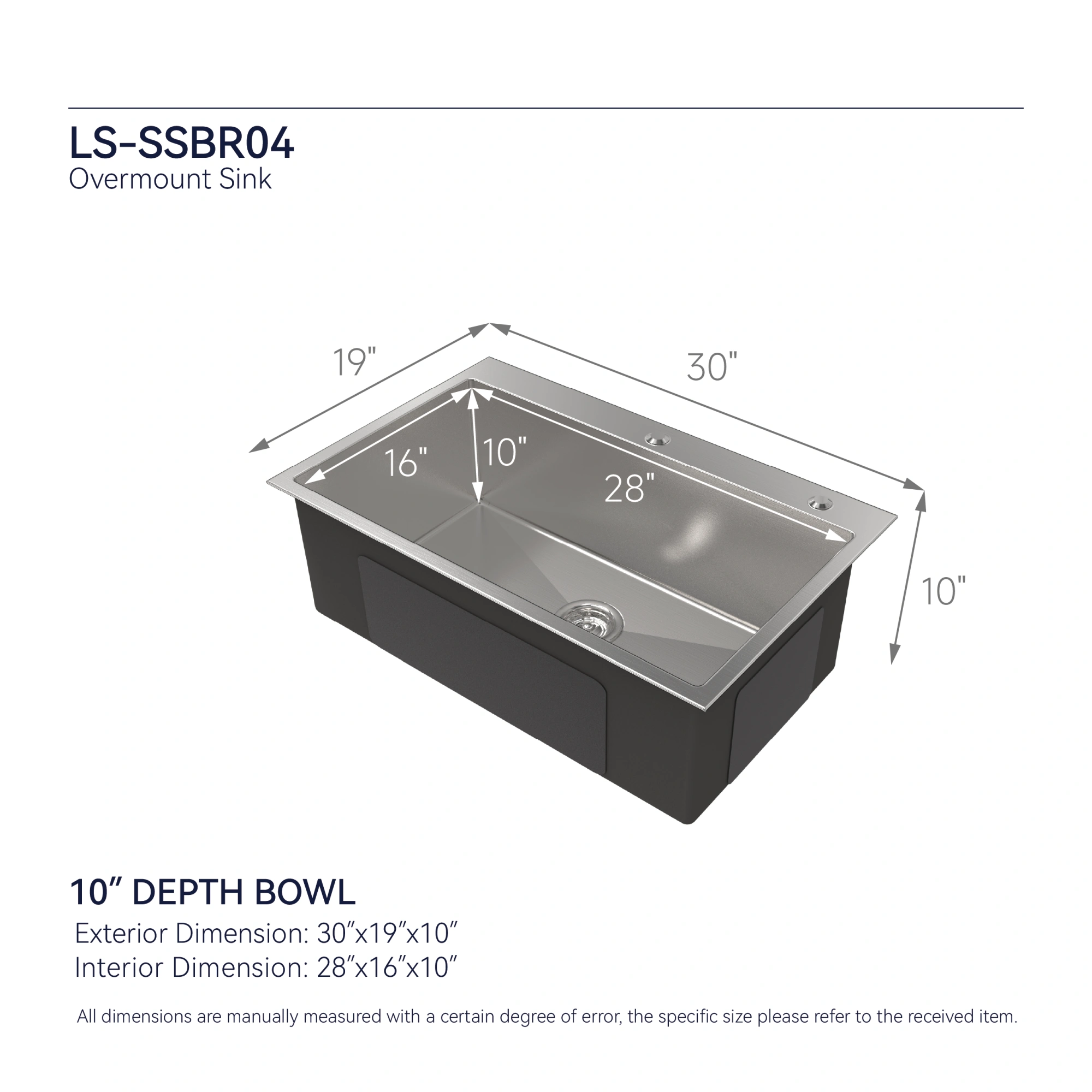 Handmade Stainless Steel Kitchen Sink 30x19 Inch Single Bowl Overmount Dark Gray with US Standard Drain & Mounting Hardware view 4