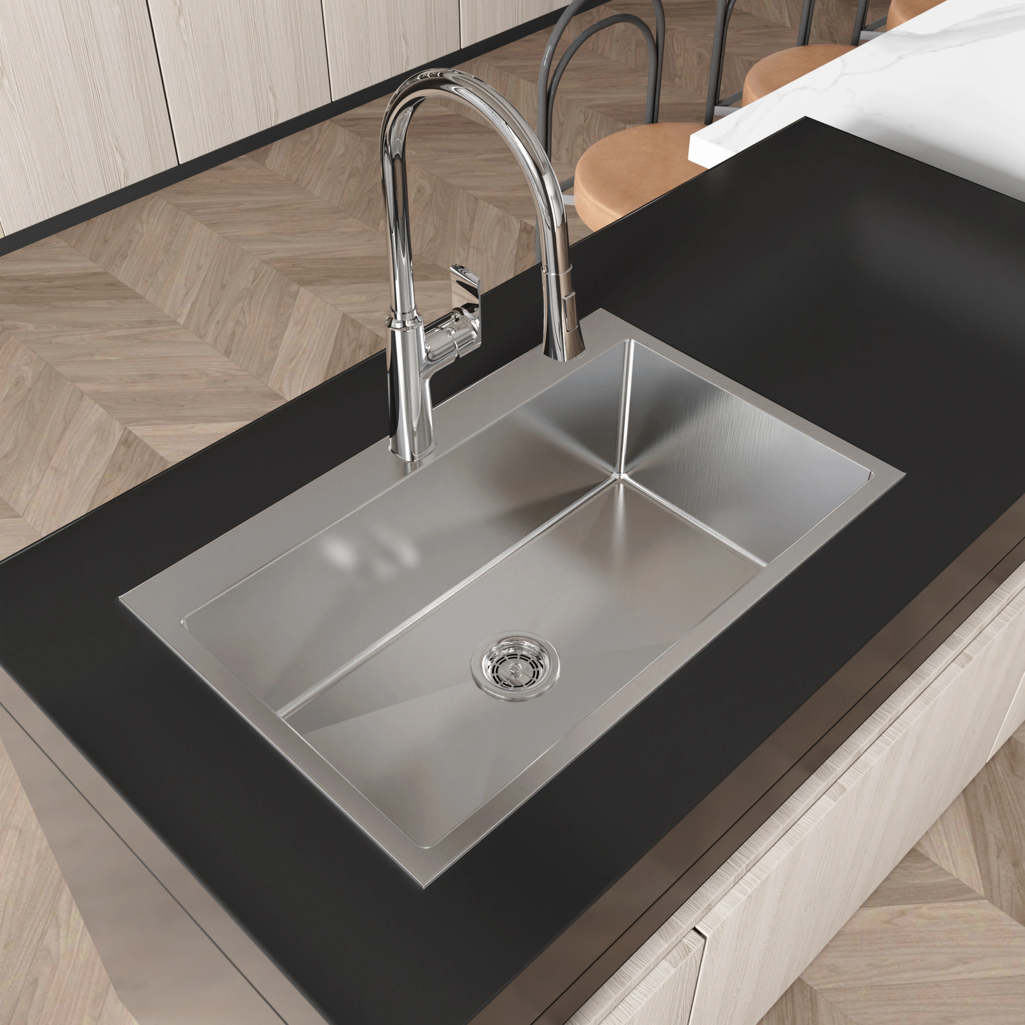 Handmade Stainless Steel Kitchen Sink 30x19 Inch Single Bowl Overmount Dark Gray with US Standard Drain & Mounting Hardware view 7