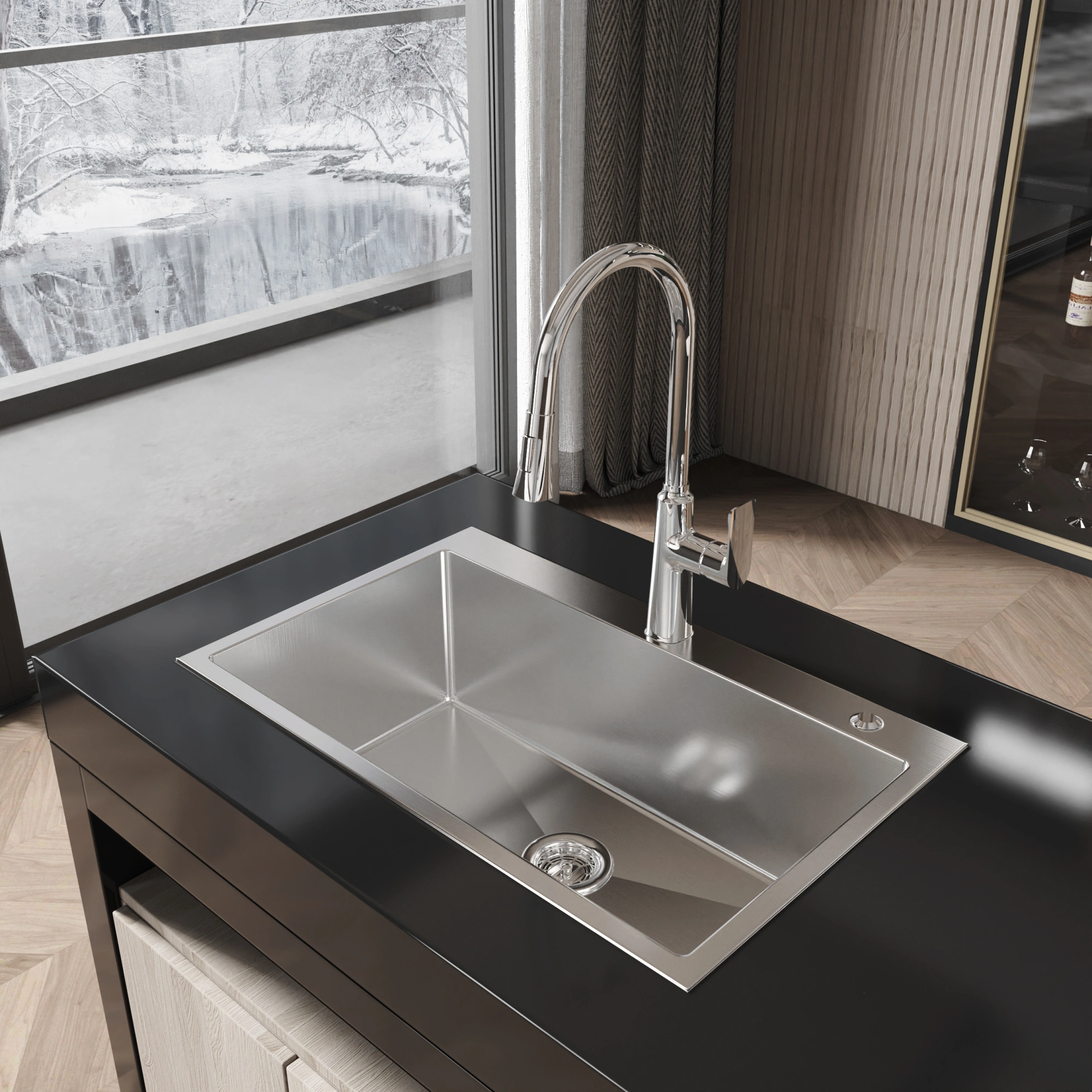 Handmade Stainless Steel Kitchen Sink 30x19 Inch Single Bowl Overmount Dark Gray with US Standard Drain & Mounting Hardware view 8