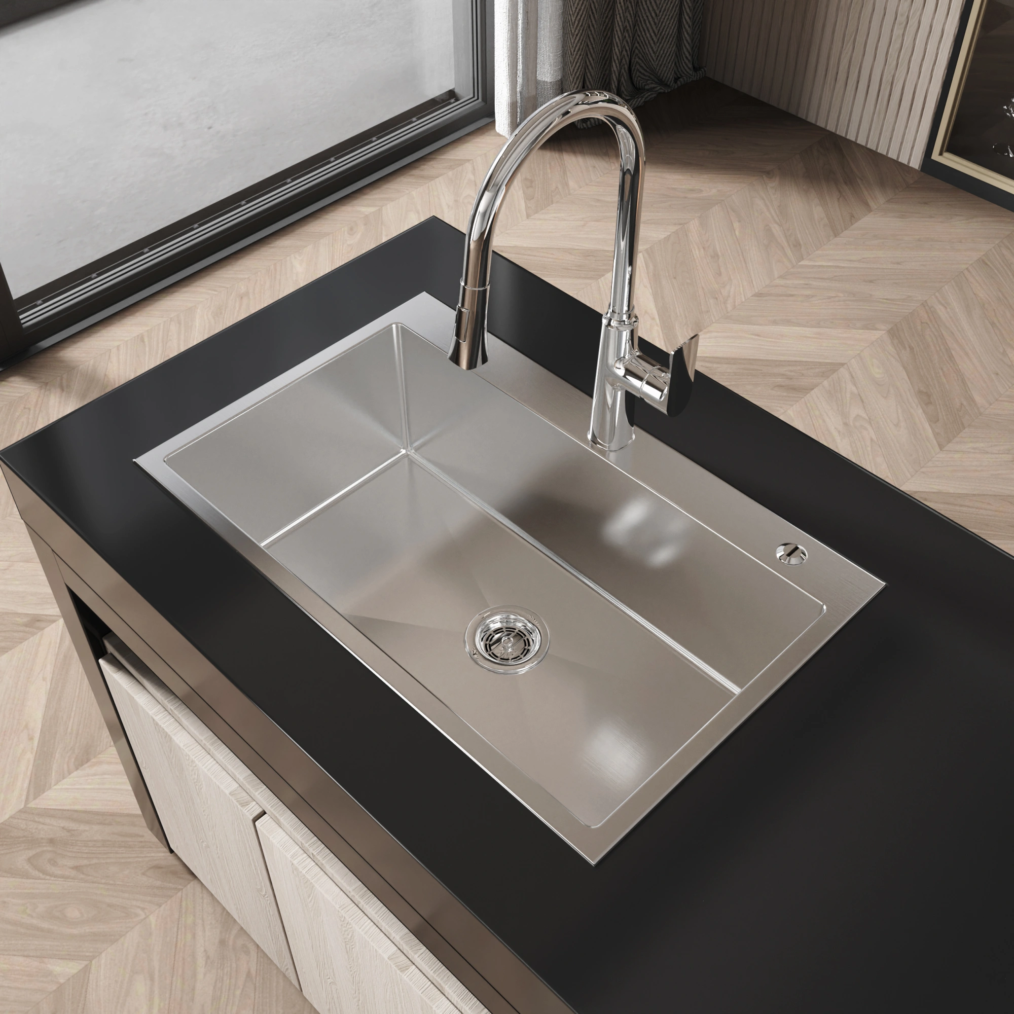 Handmade Stainless Steel Kitchen Sink 30x19 Inch Single Bowl Overmount Dark Gray with US Standard Drain & Mounting Hardware view 9