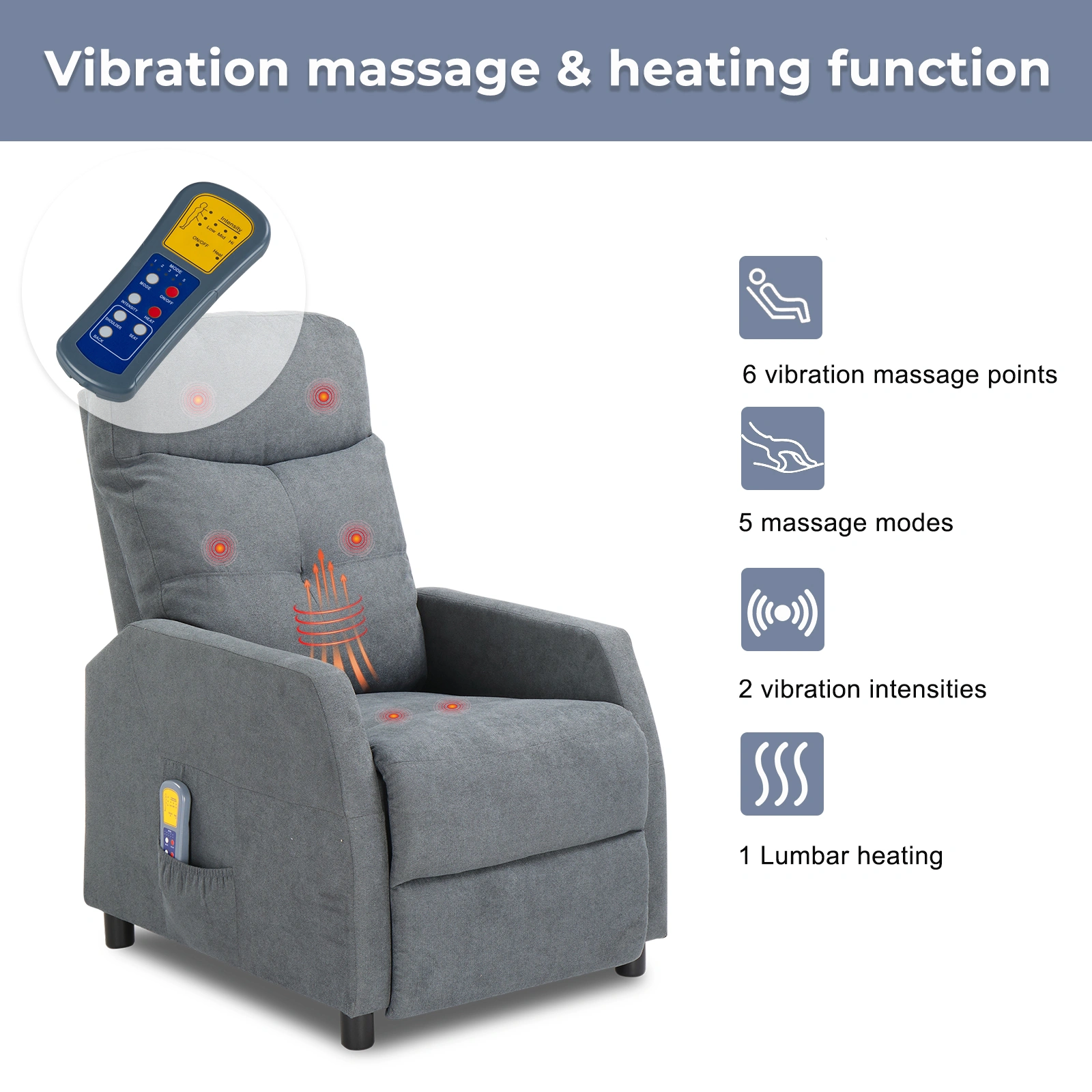 Fabric With 6-Point Massage Heating Function Recliner Light Gray view 8