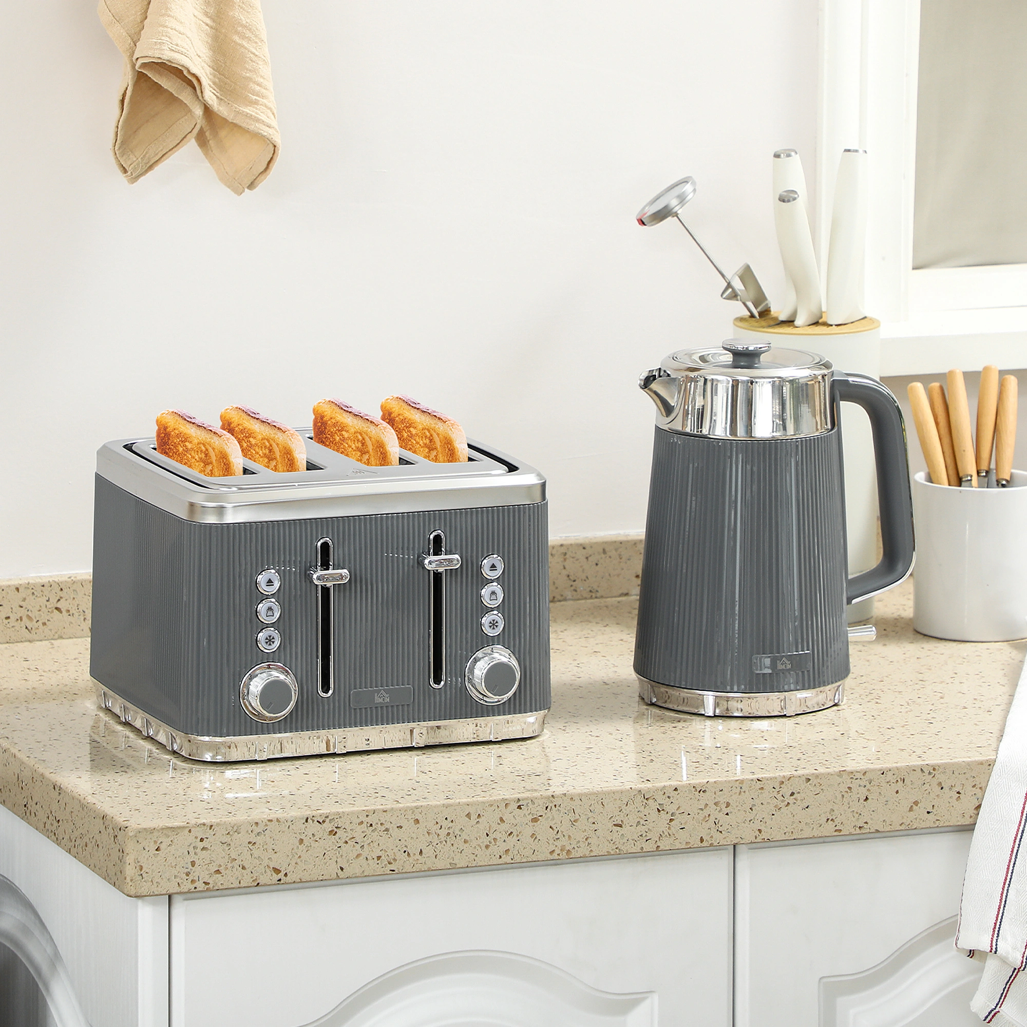 Modern Kettle and Toaster Set, Double Insulated, Auto Shut-Off, Space Saving Countertop