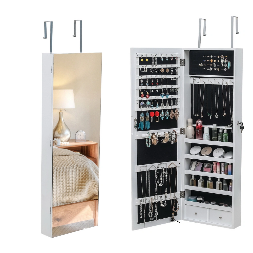 White Wooden Wall Hanging Jewelry Mirror Cabinet, 5-Tier Shelf, 2 Drawer, Full Mirror Storage Armoire Organizer