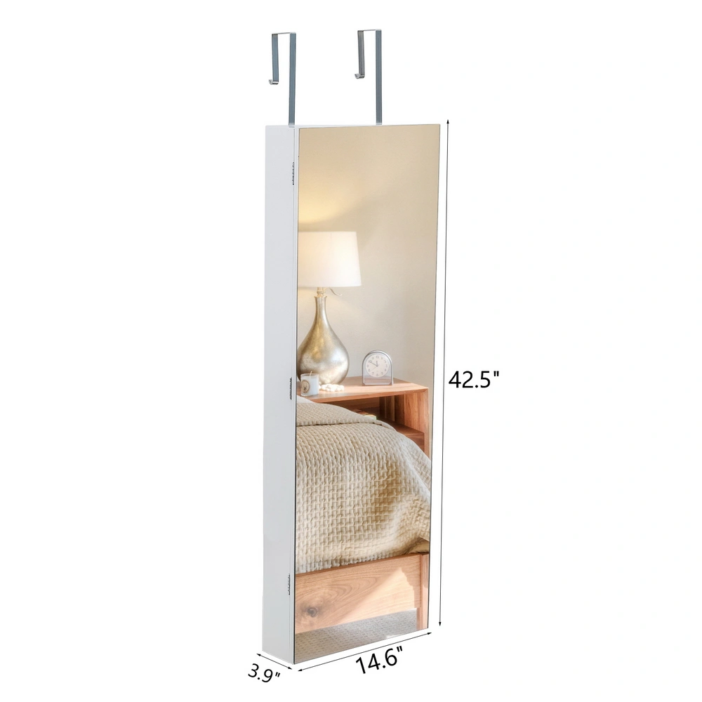 White Wooden Wall Hanging Jewelry Mirror Cabinet, 5-Tier Shelf, 2 Drawer, Full Mirror Storage Armoire Organizer view 3