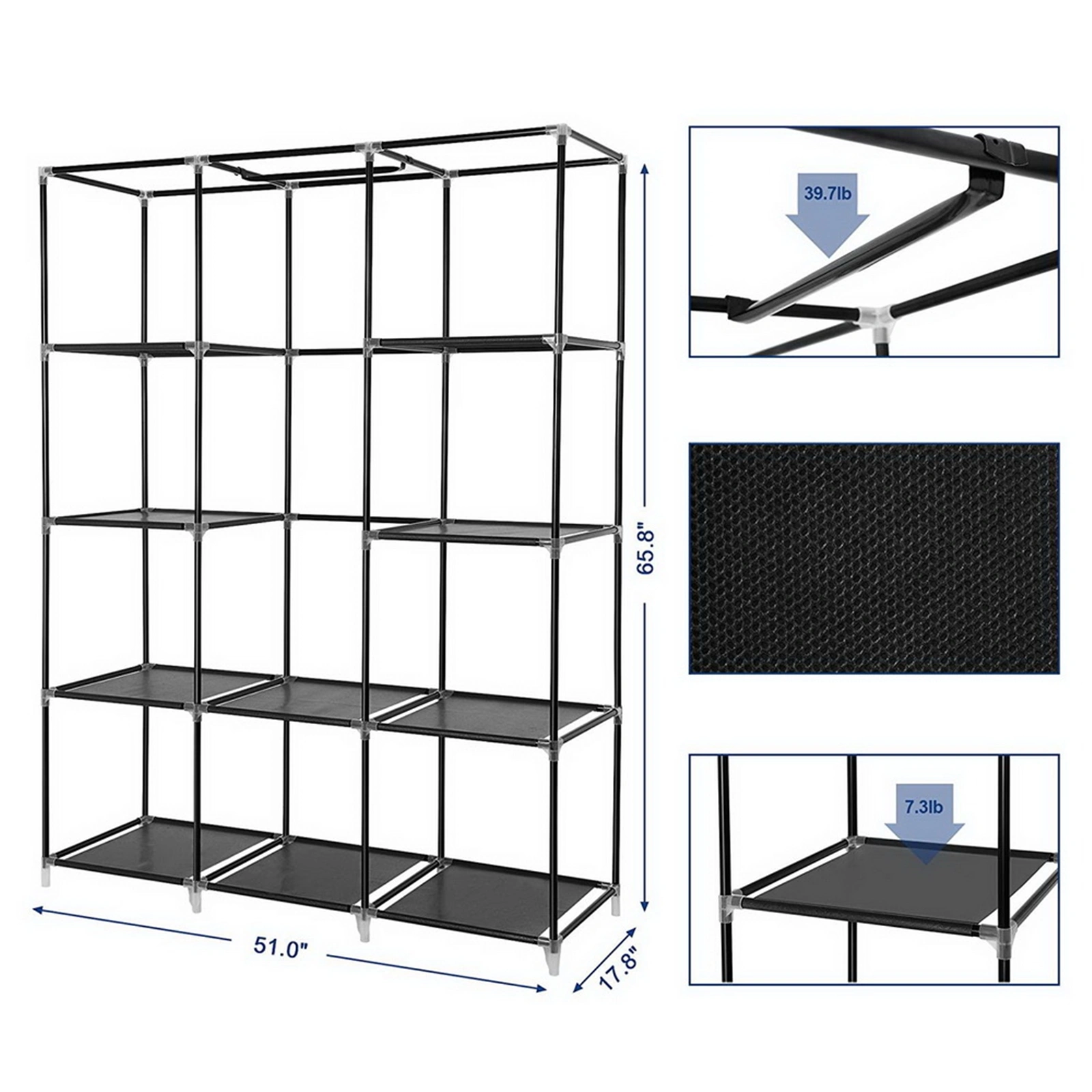 67 Inch Portable Closet Organizer, Black Wardrobe Storage with 10 Shelves, Easy Assembly view 2