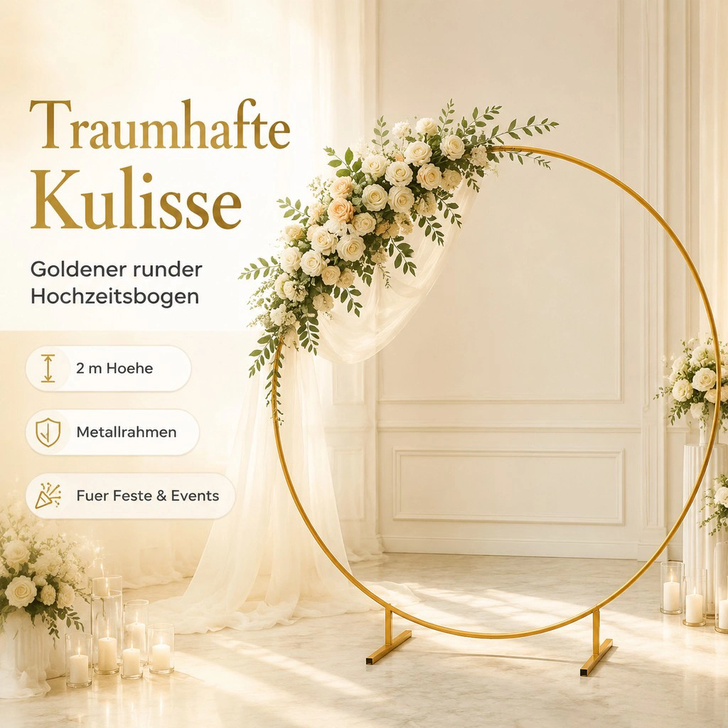 2m Round Balloon Arch Garland with Floral Print, Gold Stand Frame Kit, Wedding Party Decoration
