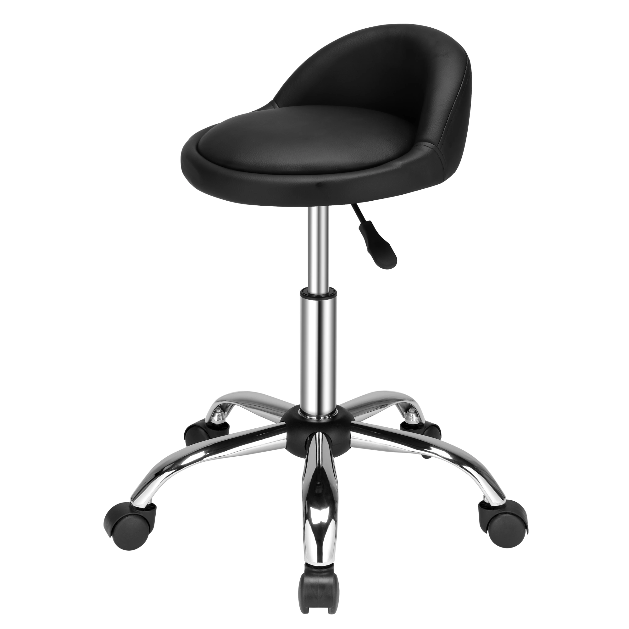 Black Technician Stool, Semi PU Leather Round Seat with Small Backrest, Nylon Wheels, 150kg Capacity, Five-Star Base