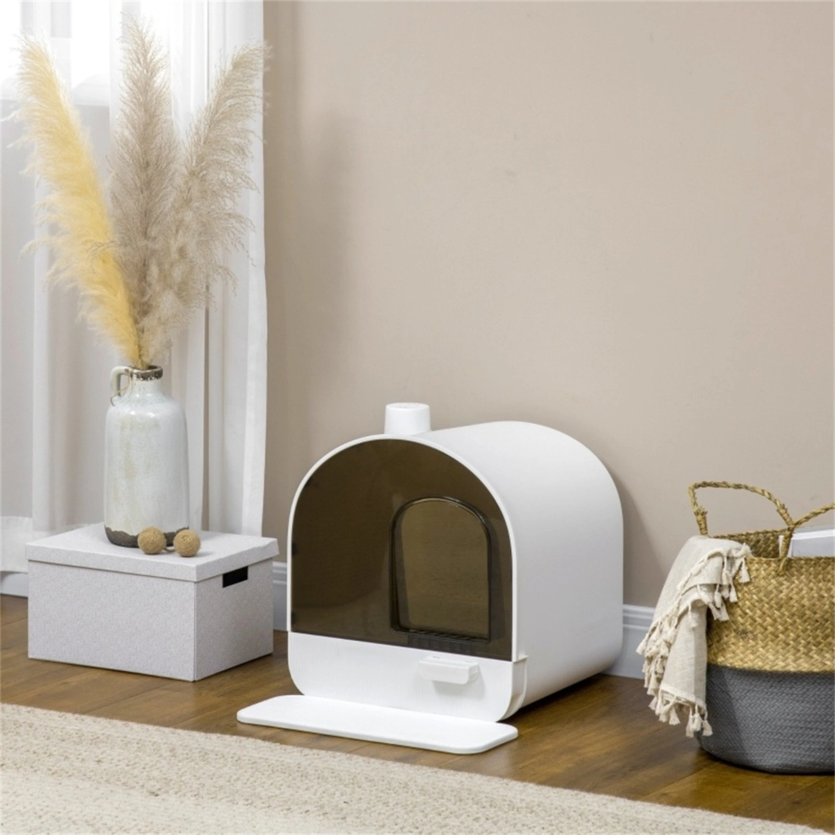 Fully Enclosed Cat Litter Box with Lid, Compact Oversized Pet Litter Container, Smoke-Colored Odor Shield