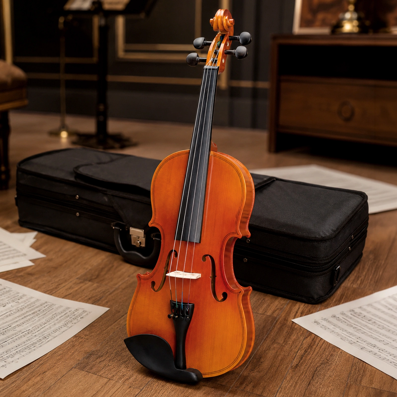 Brand new 4/4 acoustic matte tiger stripe violin set includes phonetic symbols sticker, tuner, string set, shoulder rest, rosin, bow, and premium gift box. view 9