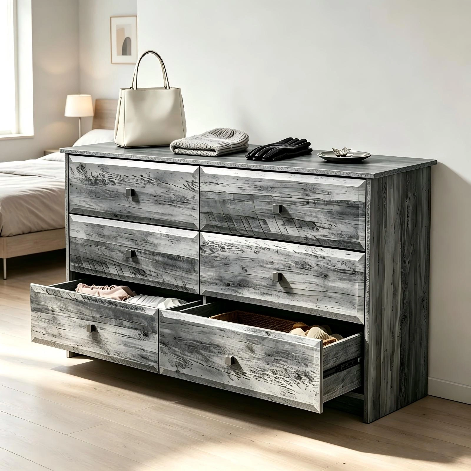 Double Column 6 Drawer Dresser Chest, MDF Melamine Finish Storage Cabinet, 53.9x14.5x29.1in Carbon Wood Bedroom Organizer view 2
