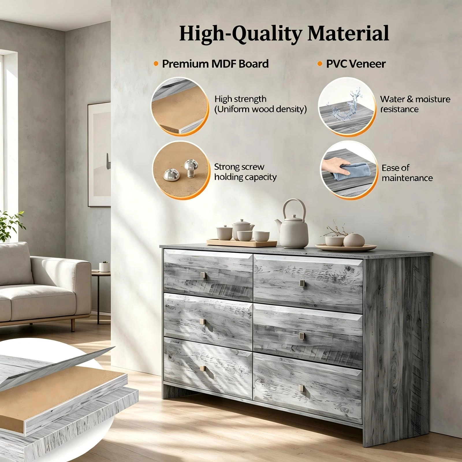 Double Column 6 Drawer Dresser Chest, MDF Melamine Finish Storage Cabinet, 53.9x14.5x29.1in Carbon Wood Bedroom Organizer view 5