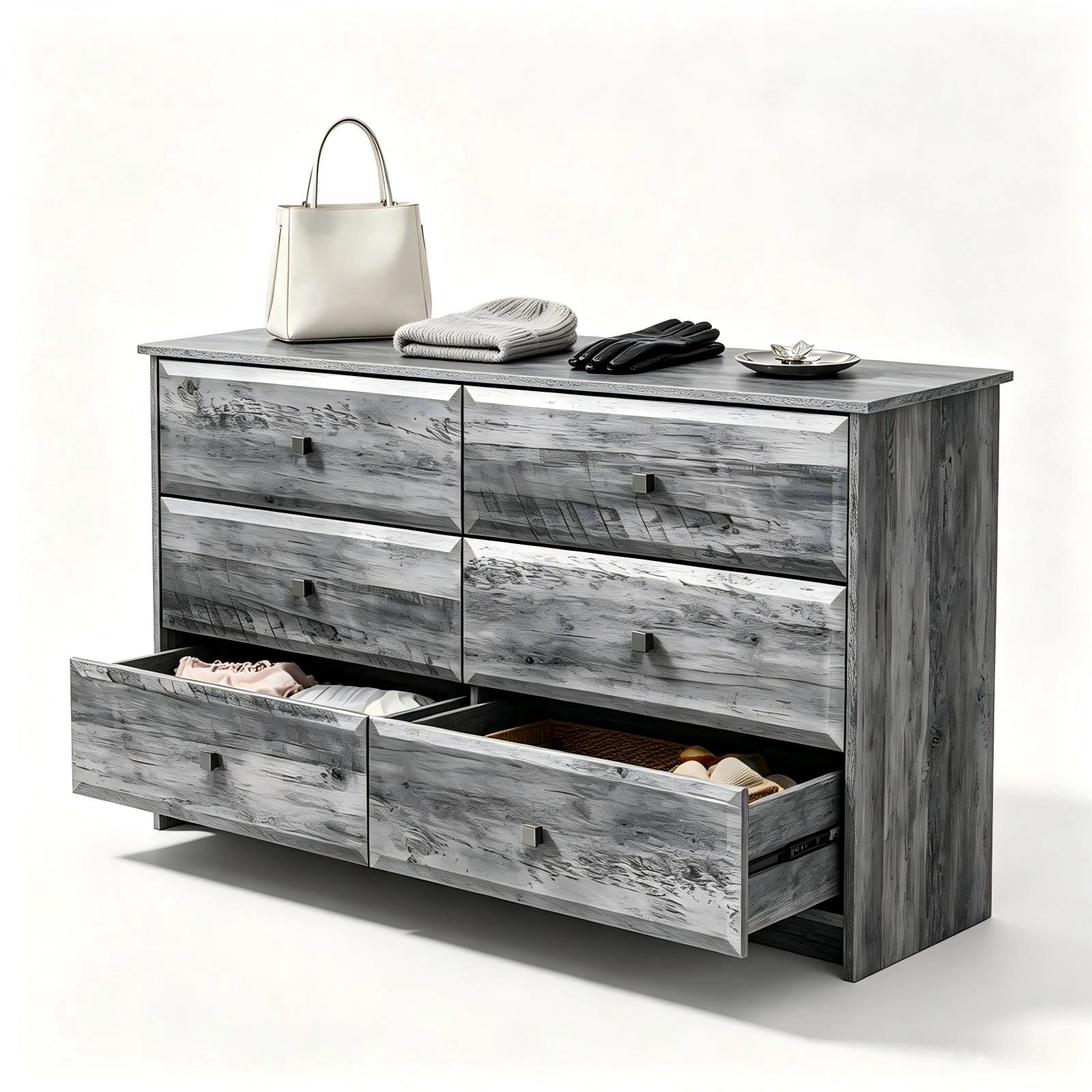 Double Column 6 Drawer Dresser Chest, MDF Melamine Finish Storage Cabinet, 53.9x14.5x29.1in Carbon Wood Bedroom Organizer view 9