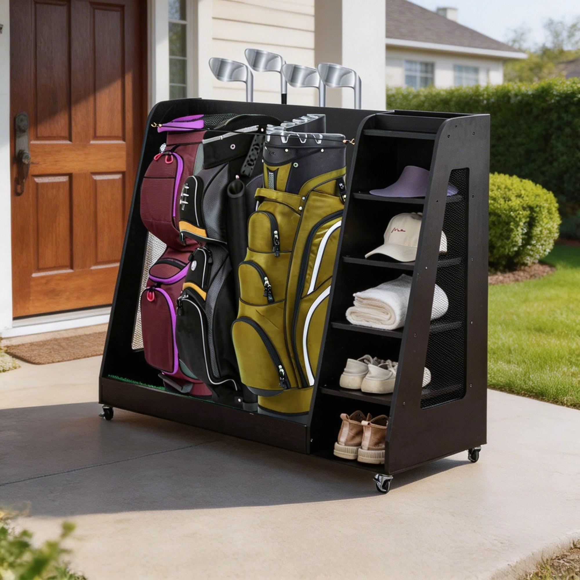Heavy-Duty Wooden 3-Bag Golf Storage Rack - Organizer for Clubs Shoes & Accessories, Indoor/Outdoor, Easy Assembly, Black
