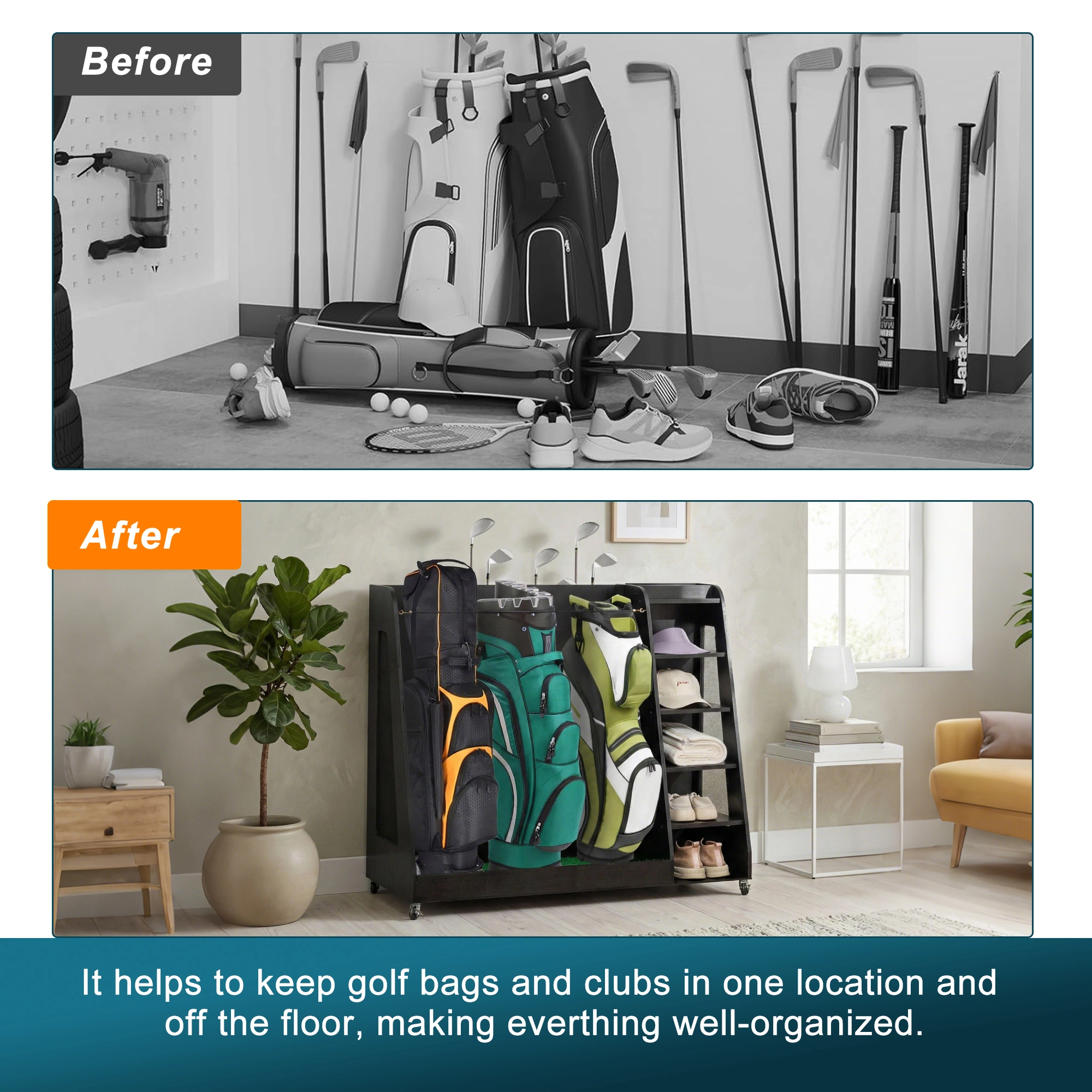 Heavy-Duty Wooden 3-Bag Golf Storage Rack - Organizer for Clubs Shoes & Accessories, Indoor/Outdoor, Easy Assembly, Black view 3