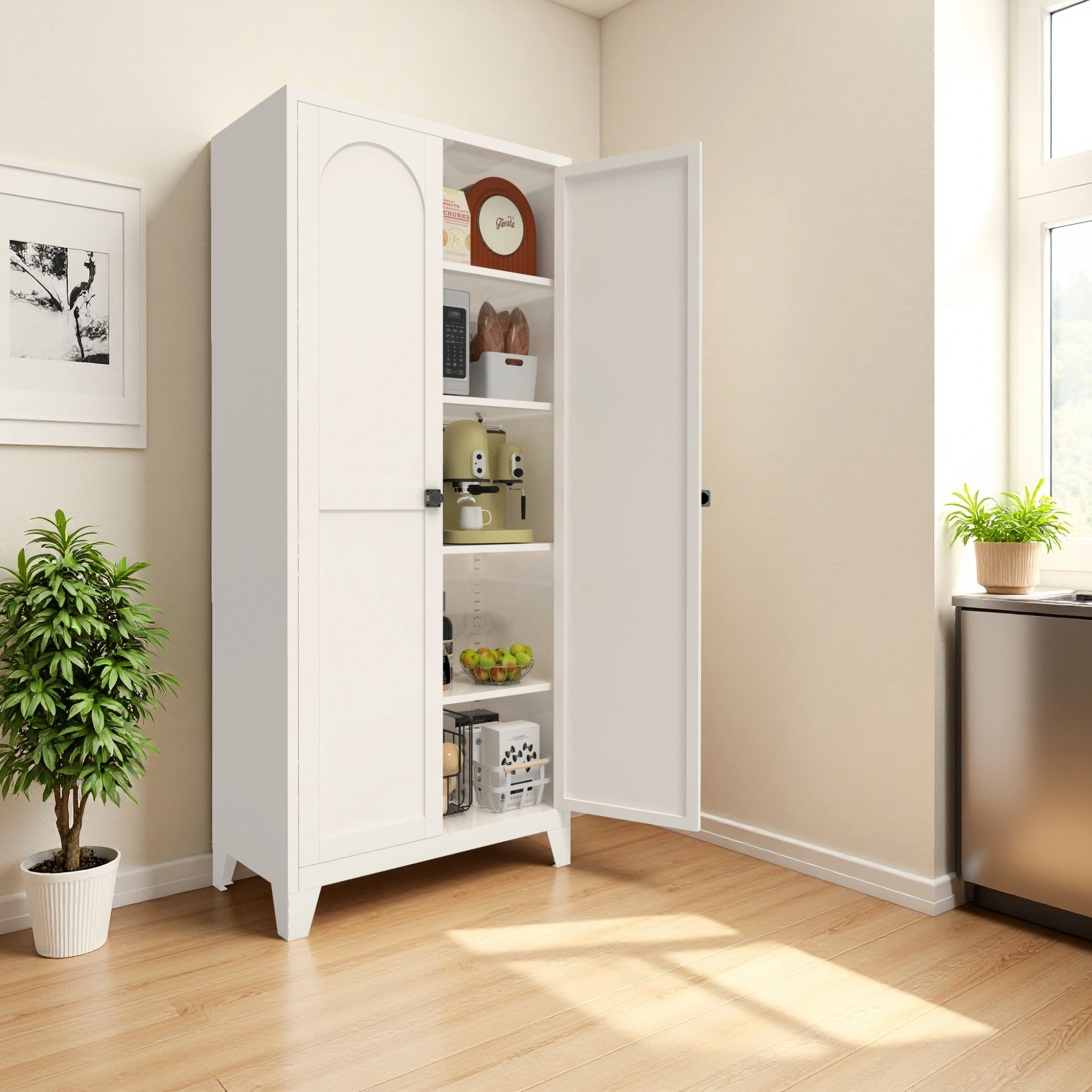 71'' 2 Shapely Doors Cabinet, Metal Storage Cabinet with Doors and Adjustable Shelves, for Bedroom, Living Room, Kitchen(White)-Does not support self pick up