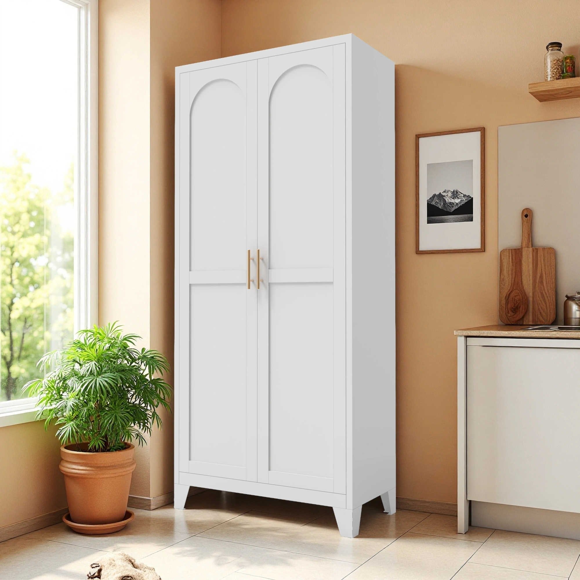 71'' 2 Shapely Doors Cabinet, Metal Storage Cabinet with Doors and Adjustable Shelves, for Bedroom, Living Room, Kitchen(White)-Does not support self pick up view 14