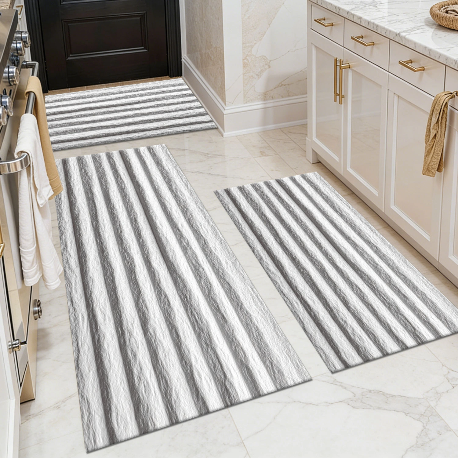 Three-piece kitchen rug set, non-slip and washable, abstract pattern kitchen hallway rug, soft and comfortable, suitable for sinks, floors, entrances, hallways and bathrooms.