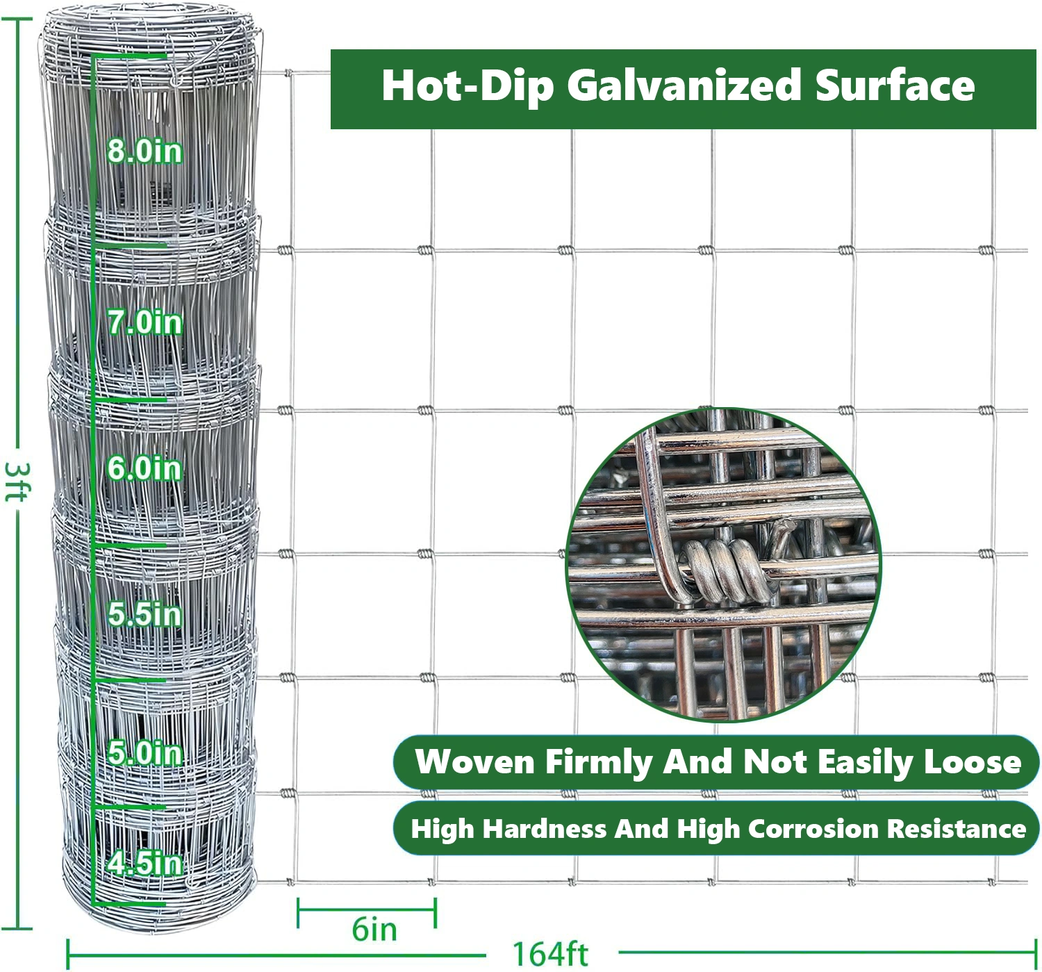 Farm Fence 3ft x 164ft 14Gauge Heavy Zinc Coating Cattle Fence,Galvanized Field Wire Fencing Deer Fence,Goat Fence,Hog Wire Fencing for Yard Livestock & Animals Protection view 3