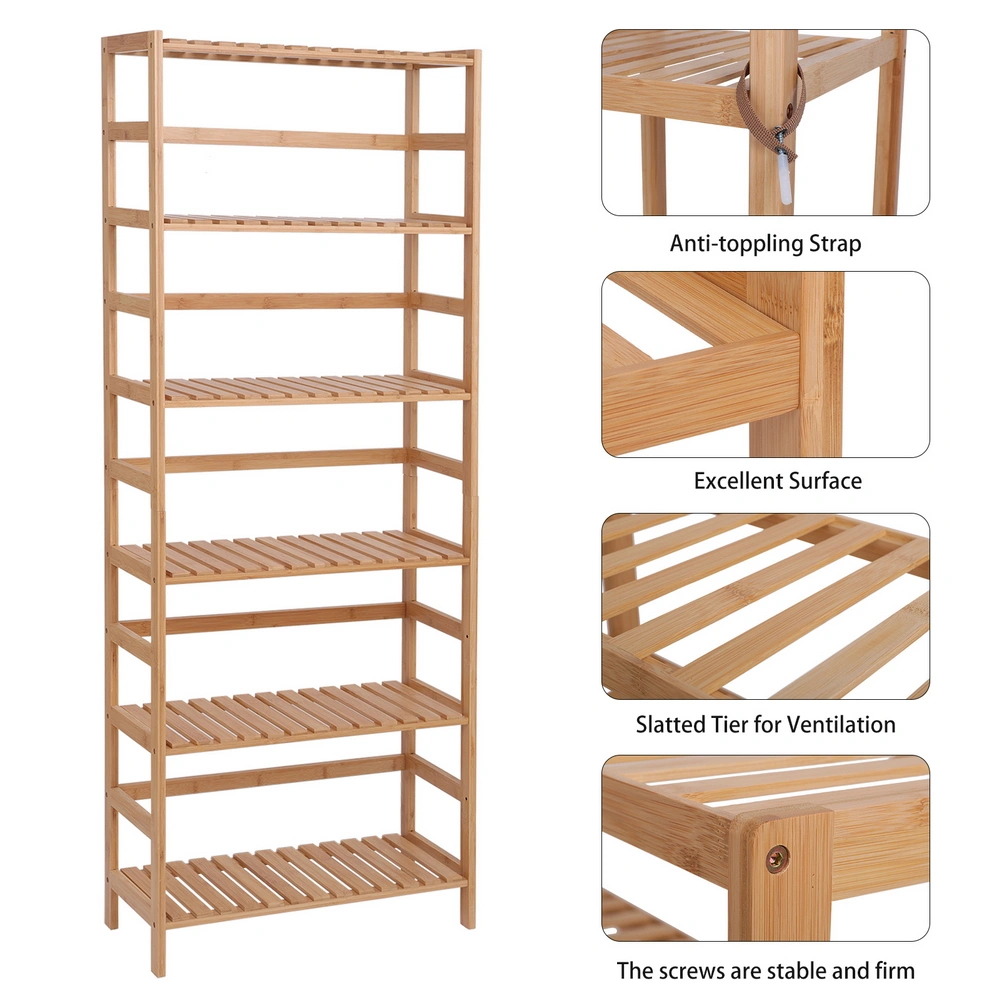100% Bamboo Bookshelf, Multi - Functional Adjustable 6-Layer Shelf, Can Be Used In Living Room, Study, Bedroom, Etc., 60 * 26 * 161cm Natural