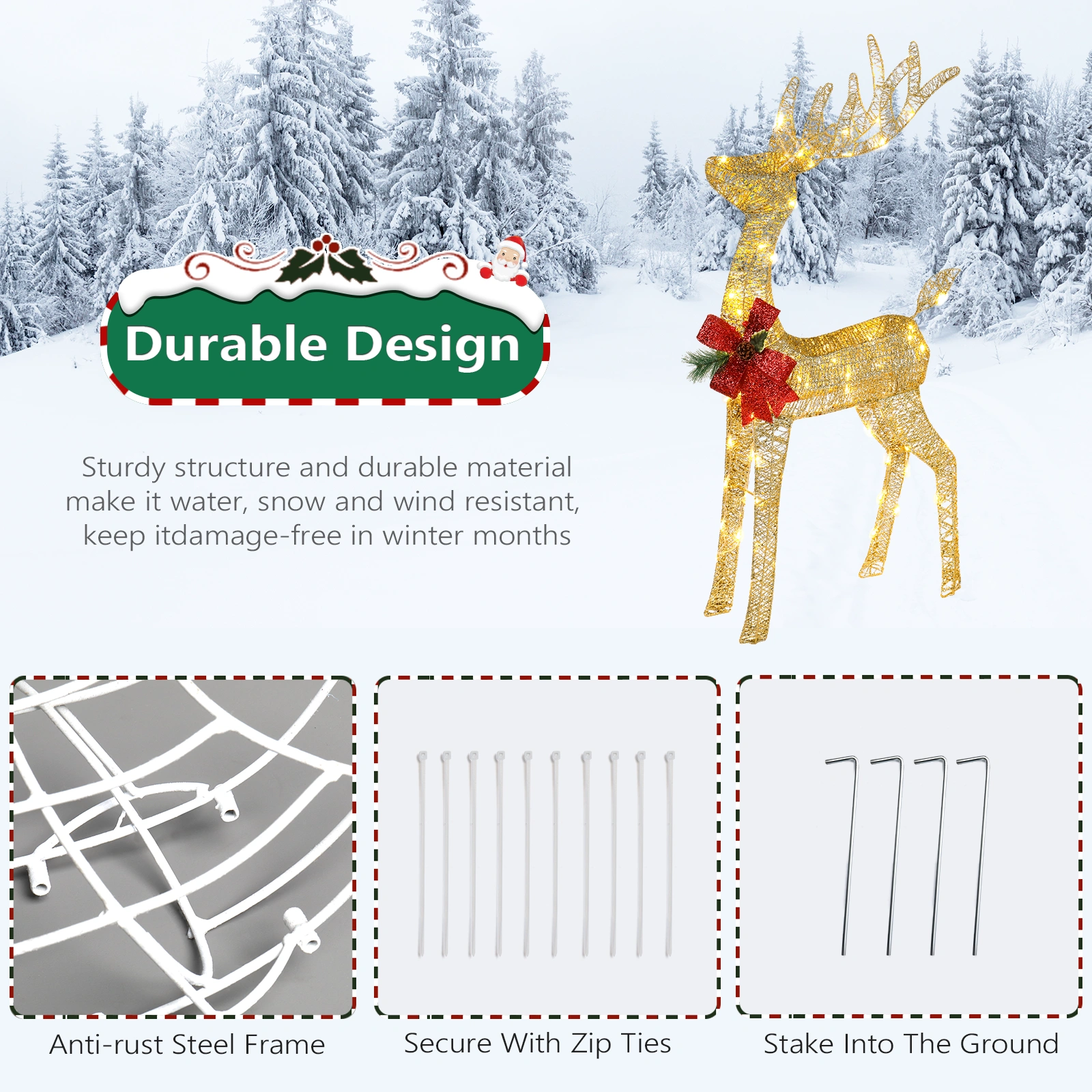4FT Lighted Reindeer and Sleigh Outdoor Decor, Weatherproof Pre-Lit Christmas Reindeer with 180 LED Lights, Stakes & Zip Ties view 2