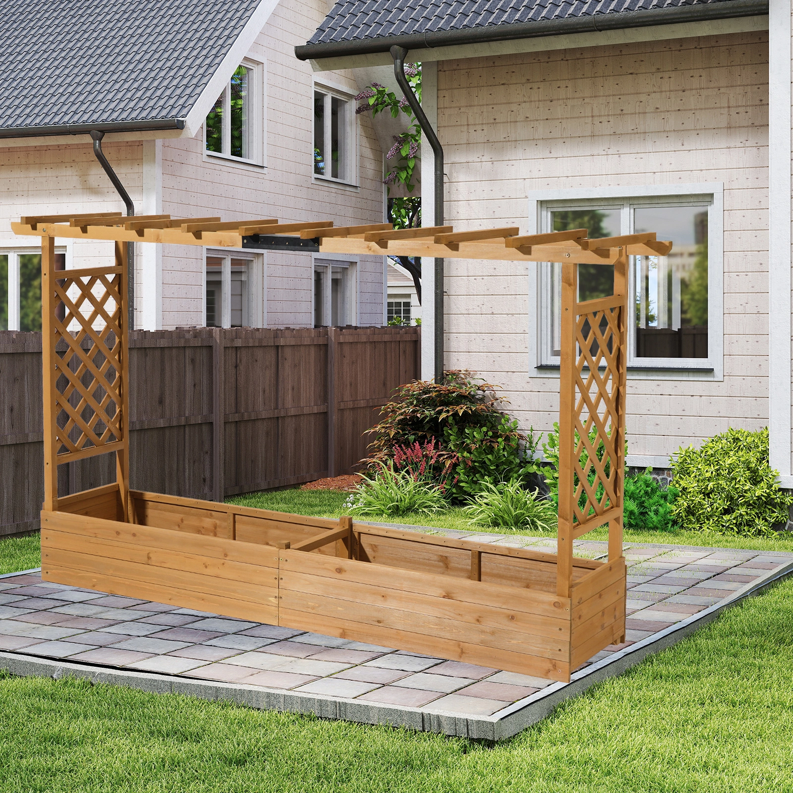 Raised Garden Bed with Trellis & Hanging Roof Carbonized Fir Planter Box Drainage Holes for Vine Climbing Flower Outdoor Patio view 6