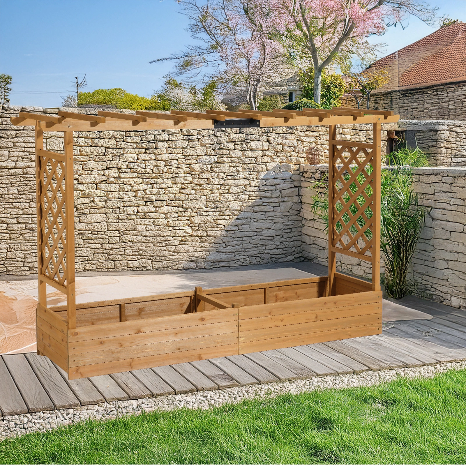 Raised Garden Bed with Trellis & Hanging Roof Carbonized Fir Planter Box Drainage Holes for Vine Climbing Flower Outdoor Patio view 8